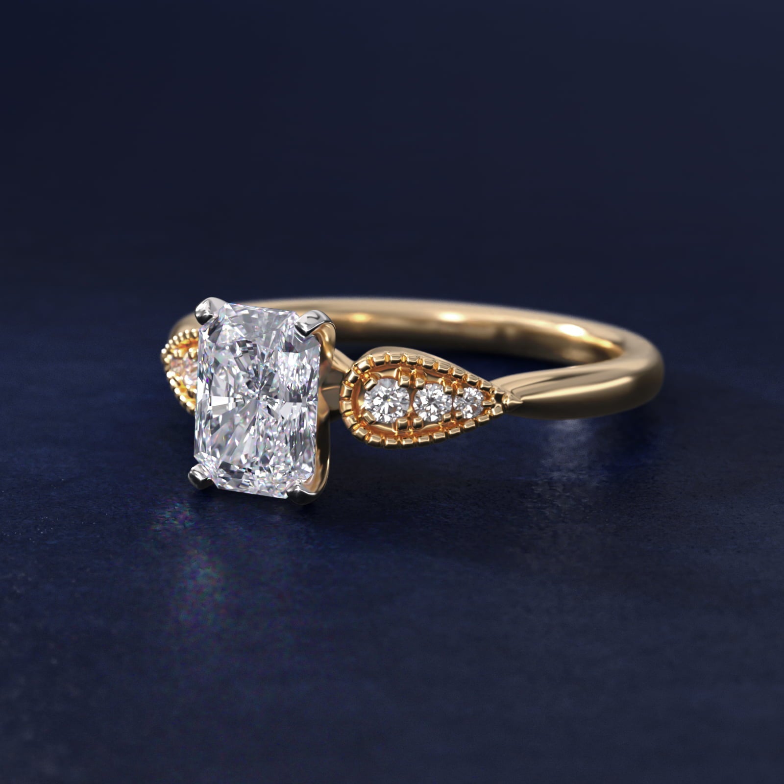 Pear-Shaped Diamond Detail Engagement Ring in 18k Yellow Gold - Radiant Center