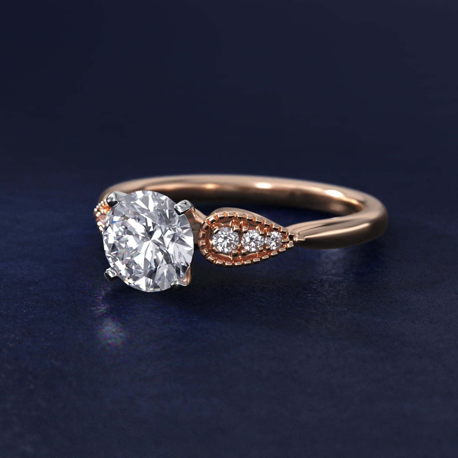 Pear-Shaped Diamond Detail Engagement Ring in 18k Rose Gold - Round Center