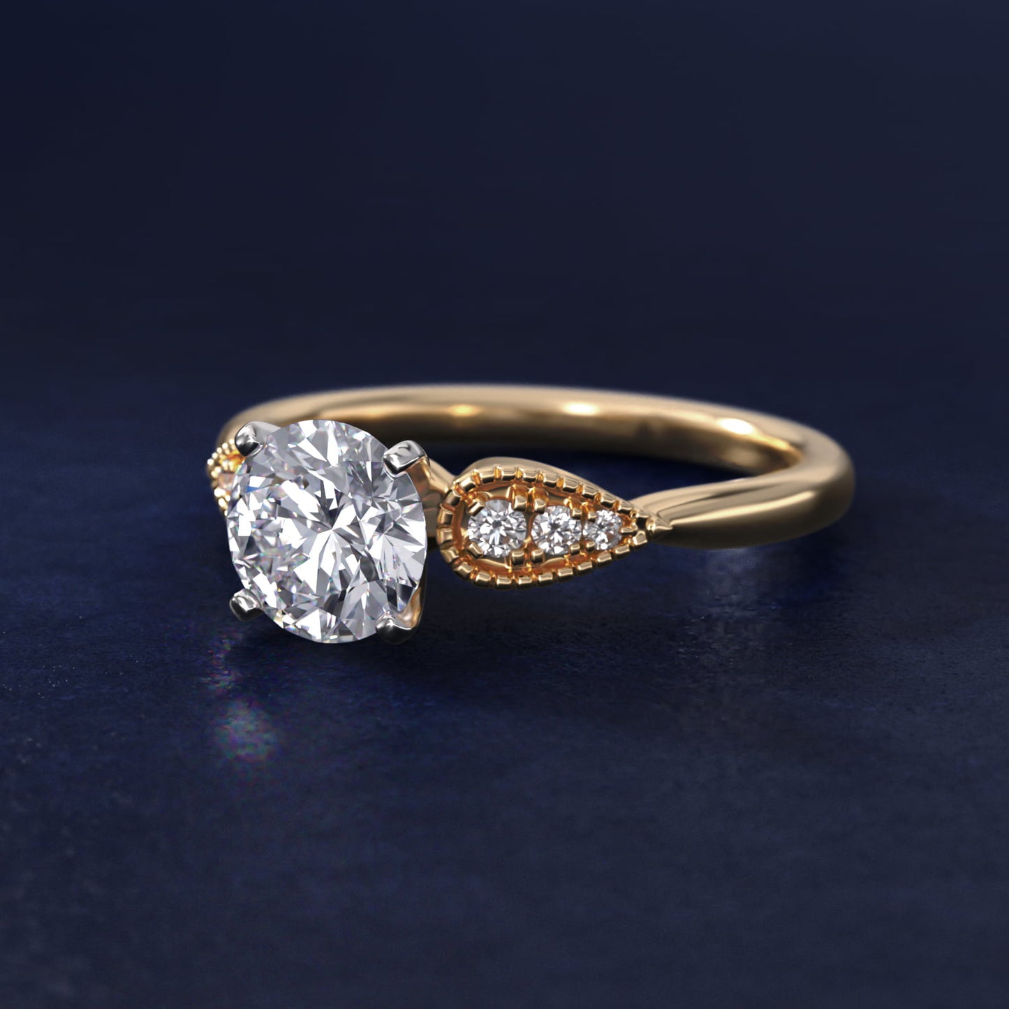 Pear-Shaped Diamond Detail Engagement Ring in 14k Yellow Gold - Round Center