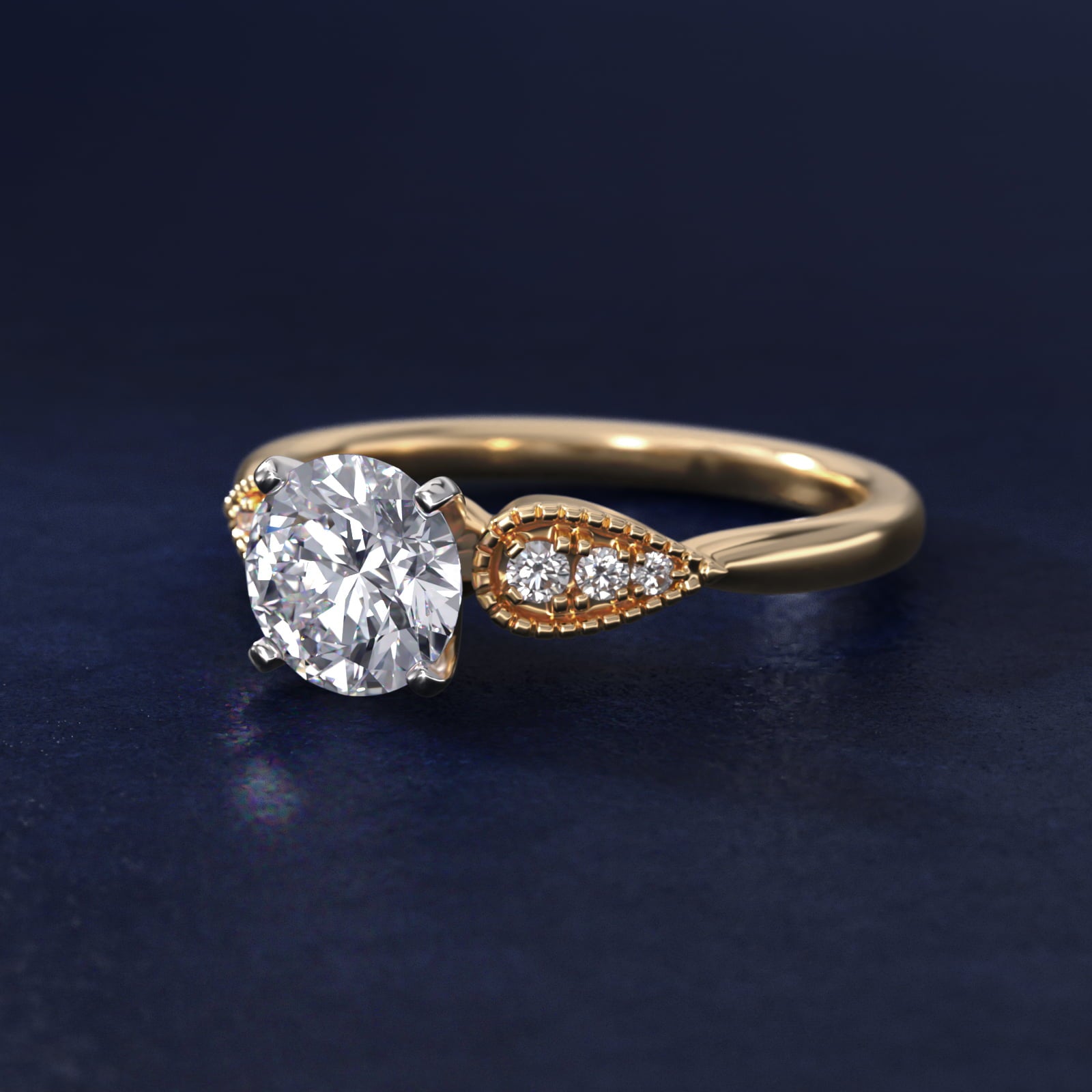 Pear-Shaped Diamond Detail Engagement Ring in 14k Yellow Gold - Round Center