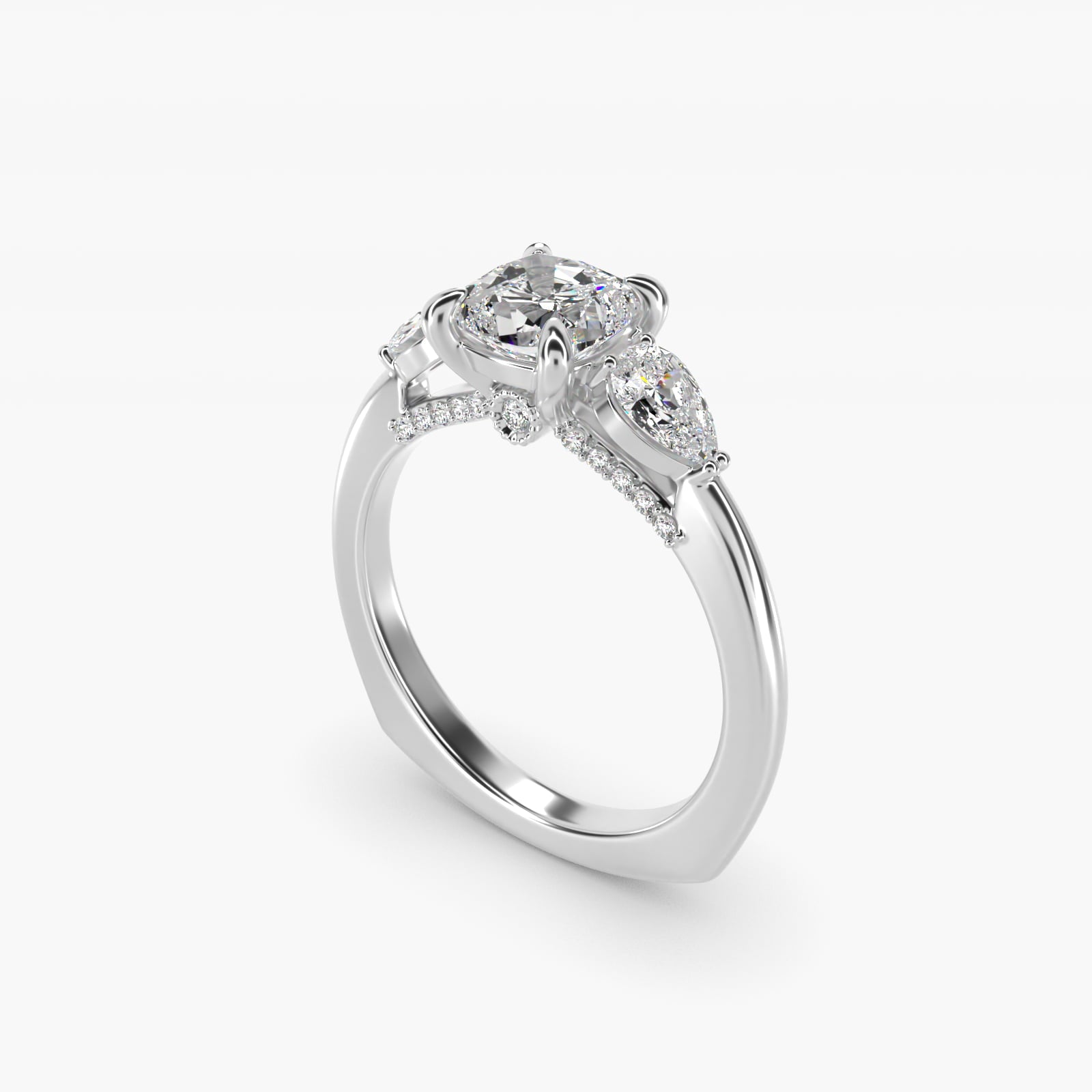 Pear Three Stone Engagement Ring in 14K White Gold (5/8 ct. tw.) By Bella Vaughan - Cushion Center
