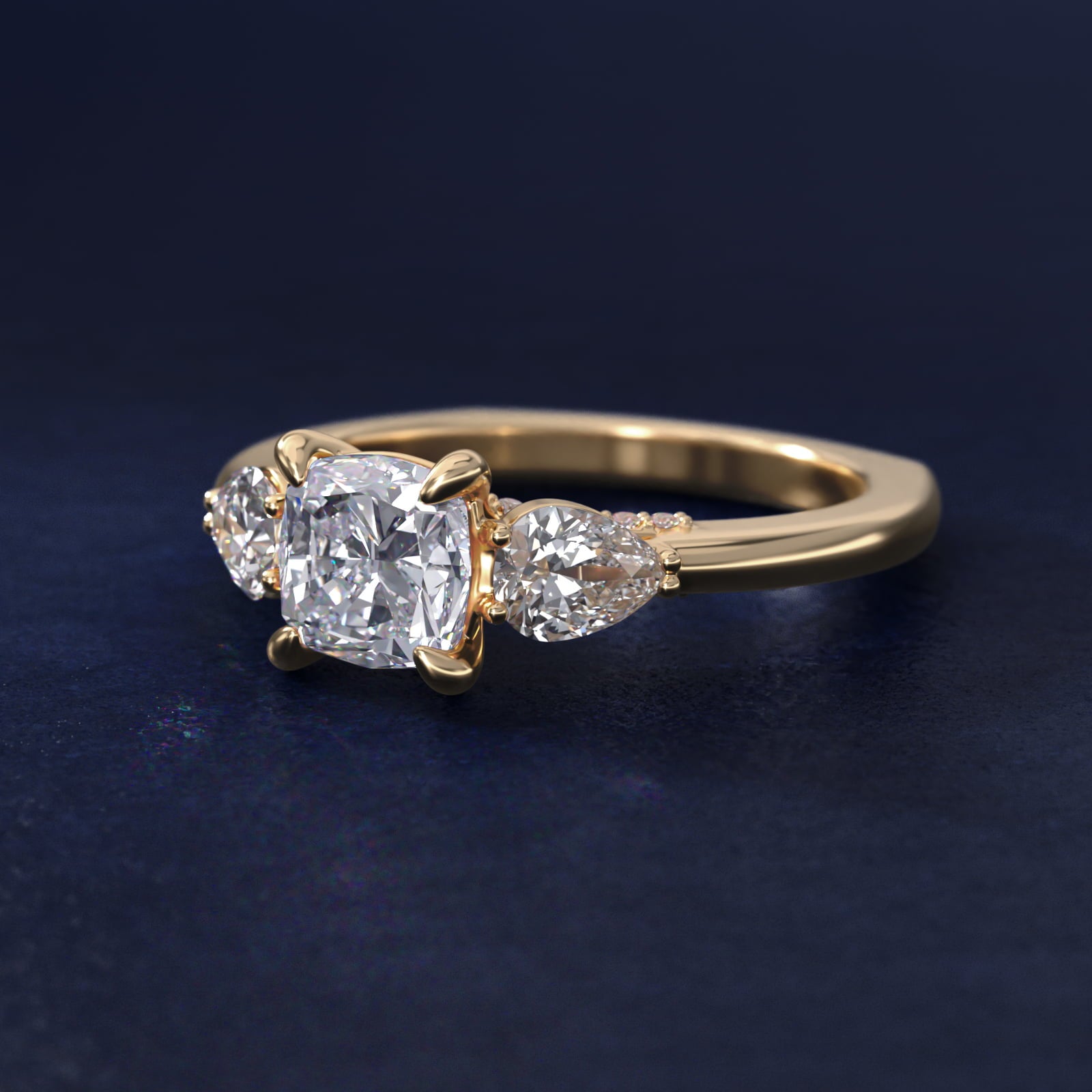 Pear Three Stone Engagement Ring in 14K Yellow Gold (5/8 ct. tw.) By Bella Vaughan - Cushion Center