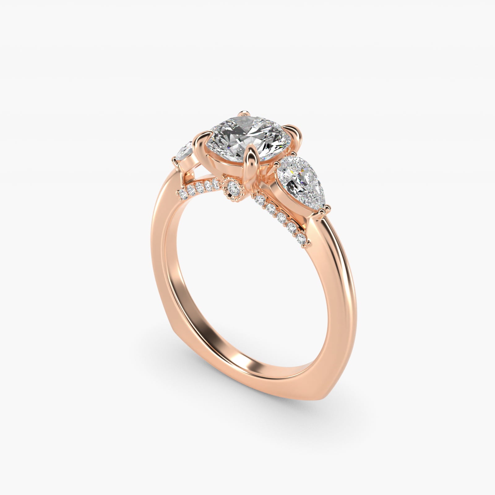 Pear Three Stone Engagement Ring in 14k Rose Gold (5/8 ct. tw.) By Bella Vaughan - Round Center