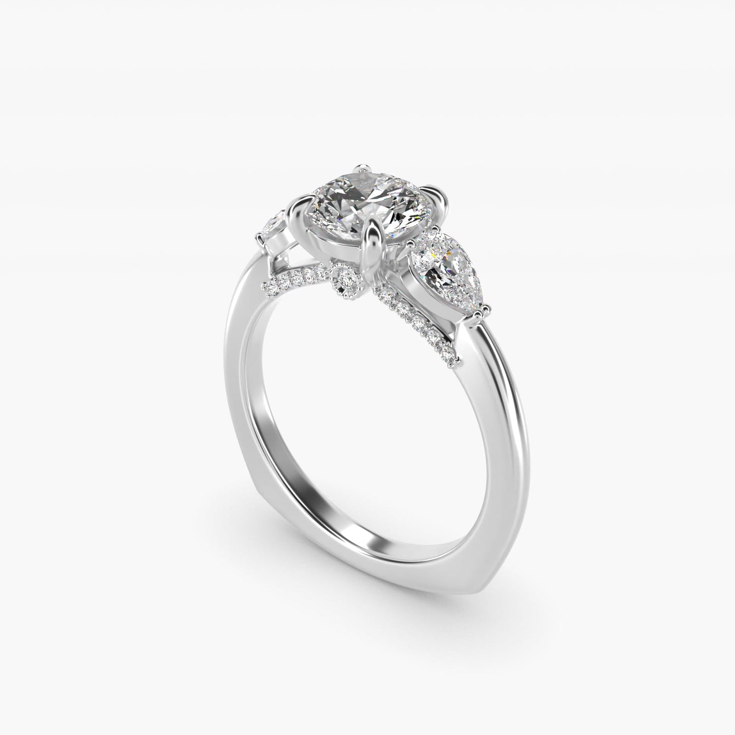 Pear Three Stone Engagement Ring in 14K White Gold (5/8 ct. tw.) By Bella Vaughan - Round Center