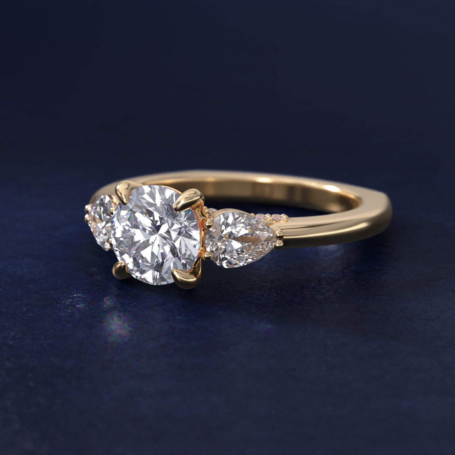 Pear Three Stone Engagement Ring in 14K Yellow Gold (5/8 ct. tw.) By Bella Vaughan - Round Center