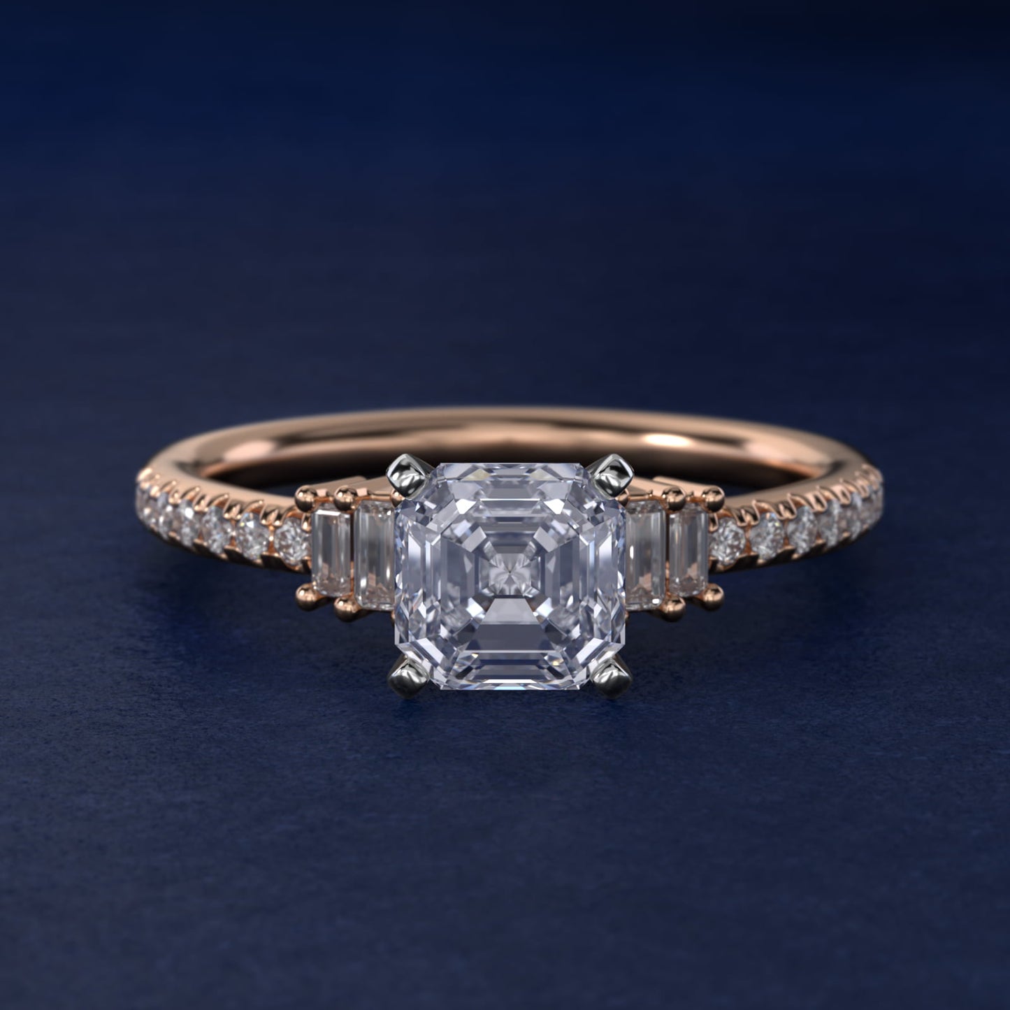 Petite Baguette and PavŽ Diamond Engagement Ring in 14k Rose Gold - Asscher Center