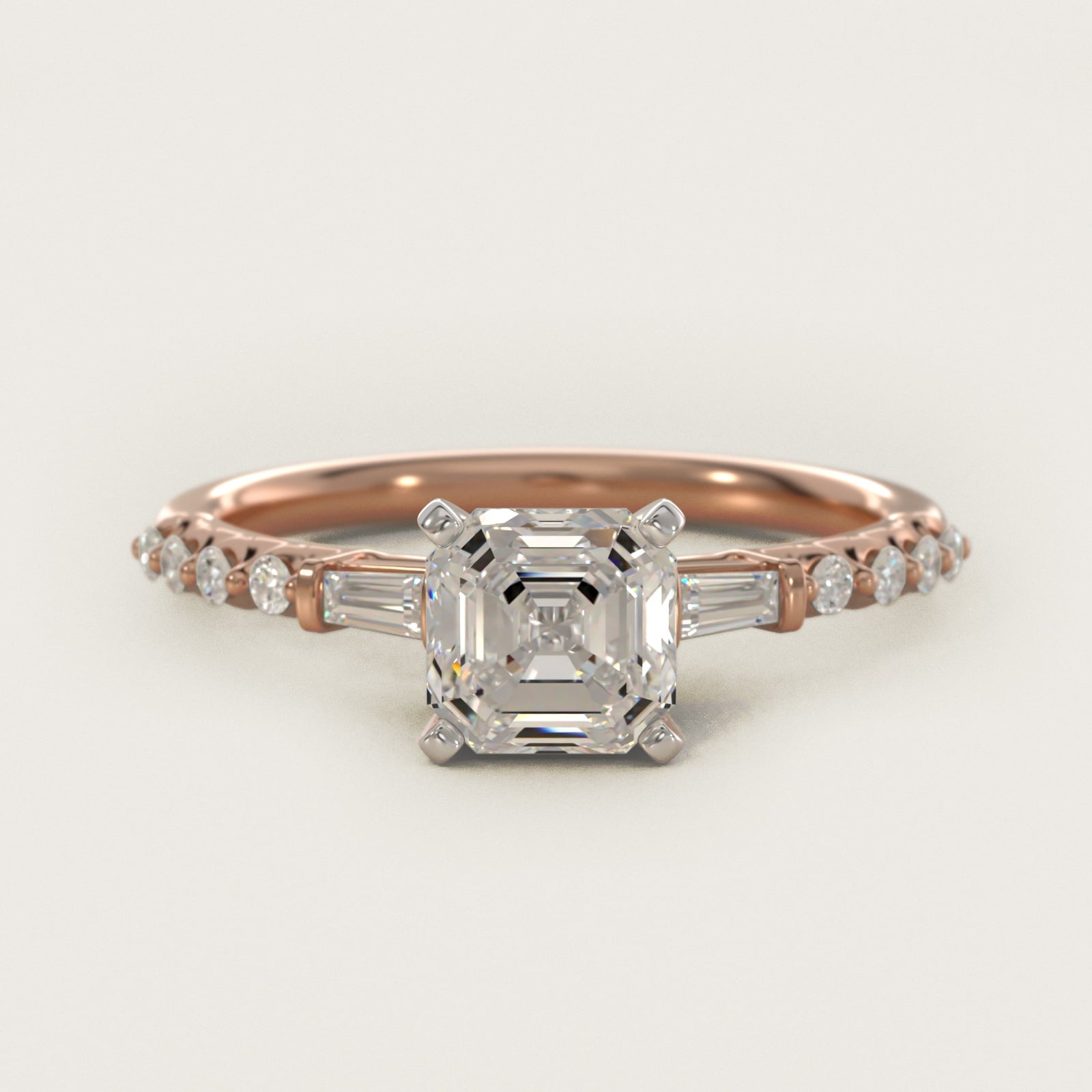 Petite Baguette and Floating Round Diamond Engagement Ring in 18k Rose Gold (1/5 ct. tw.) - Asscher Center