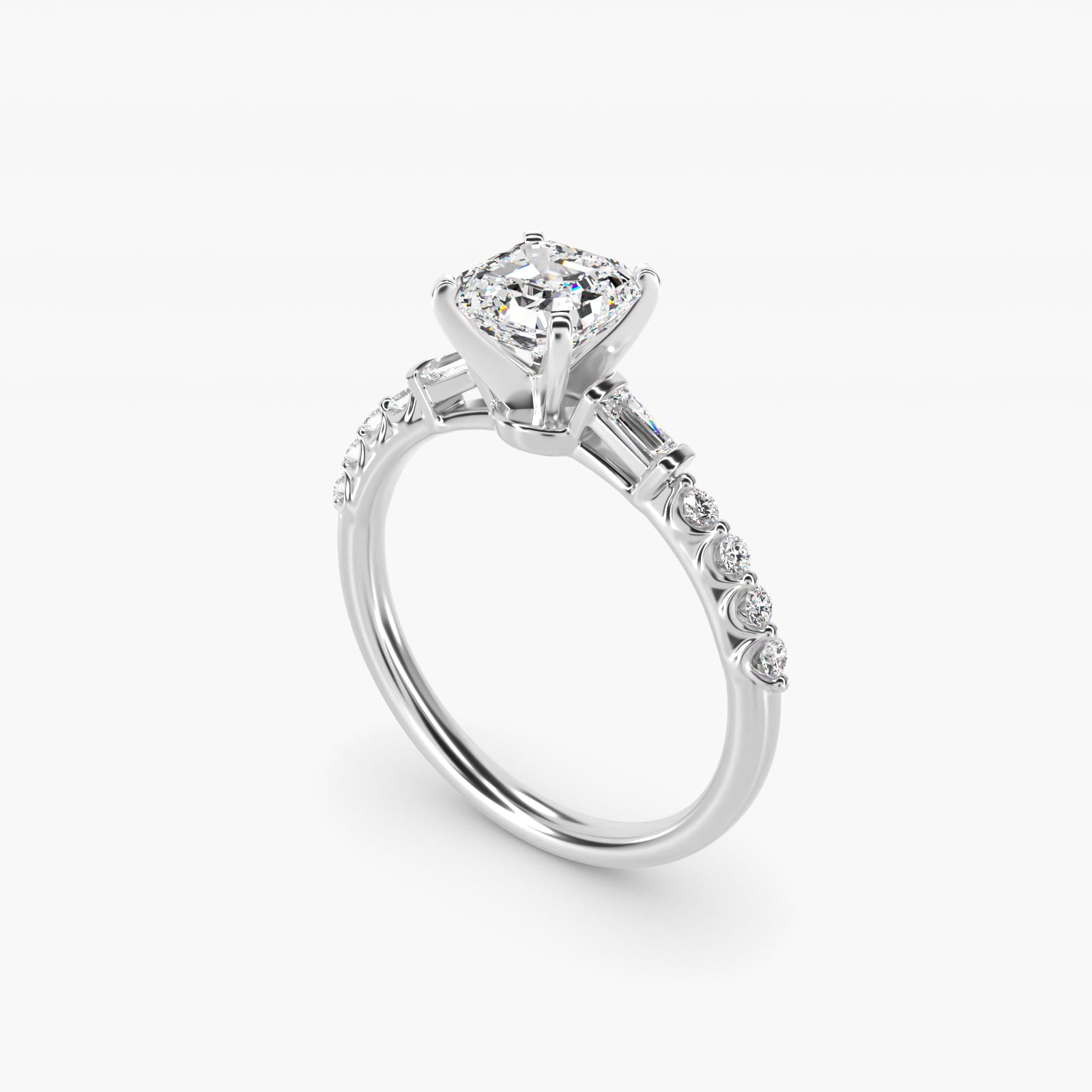 Petite Baguette and Floating Round Diamond Engagement Ring in 14k White Gold (1/5 ct. tw.) - Asscher Center