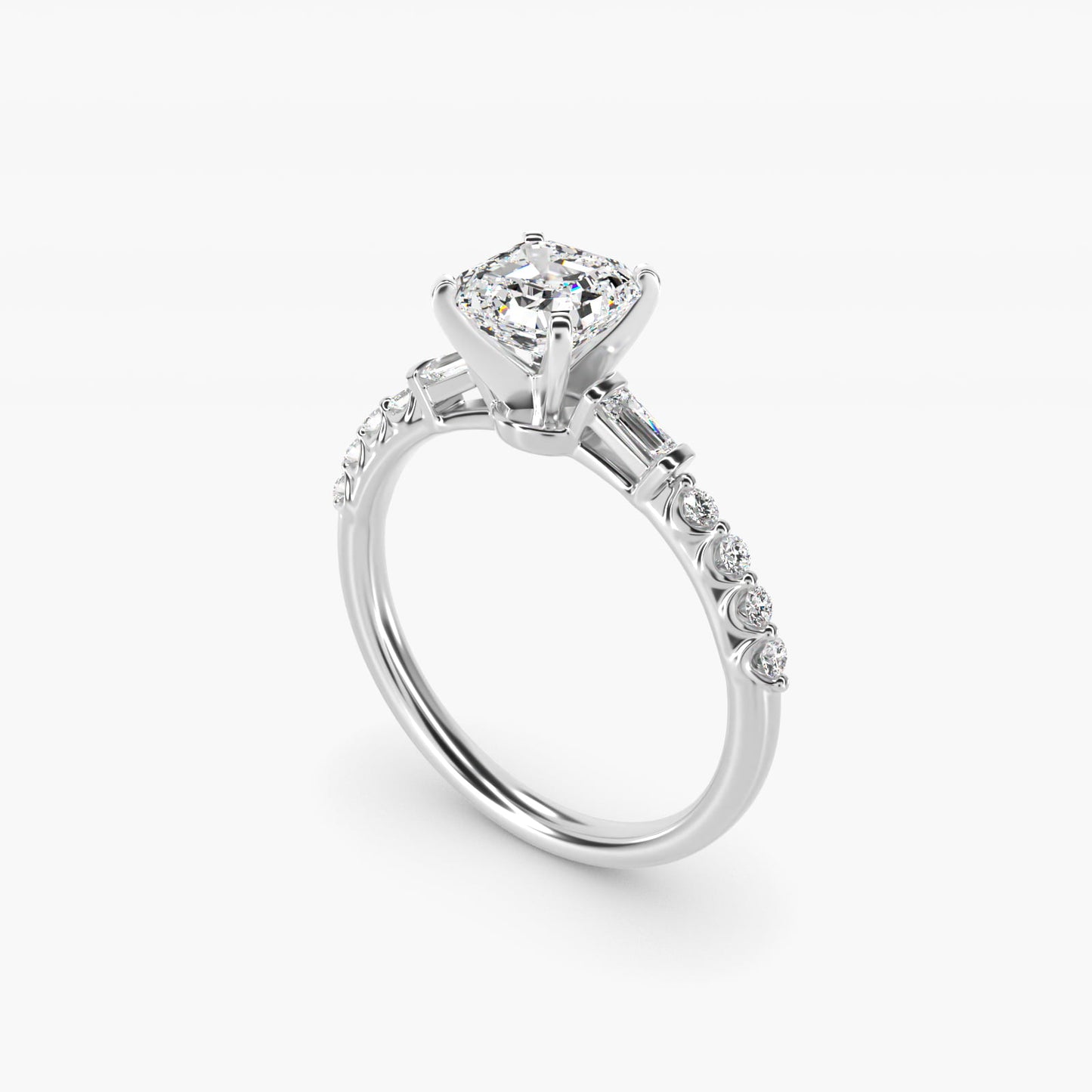 Petite Baguette and Floating Round Diamond Engagement Ring in 18k White Gold (1/5 ct. tw.) - Asscher Center