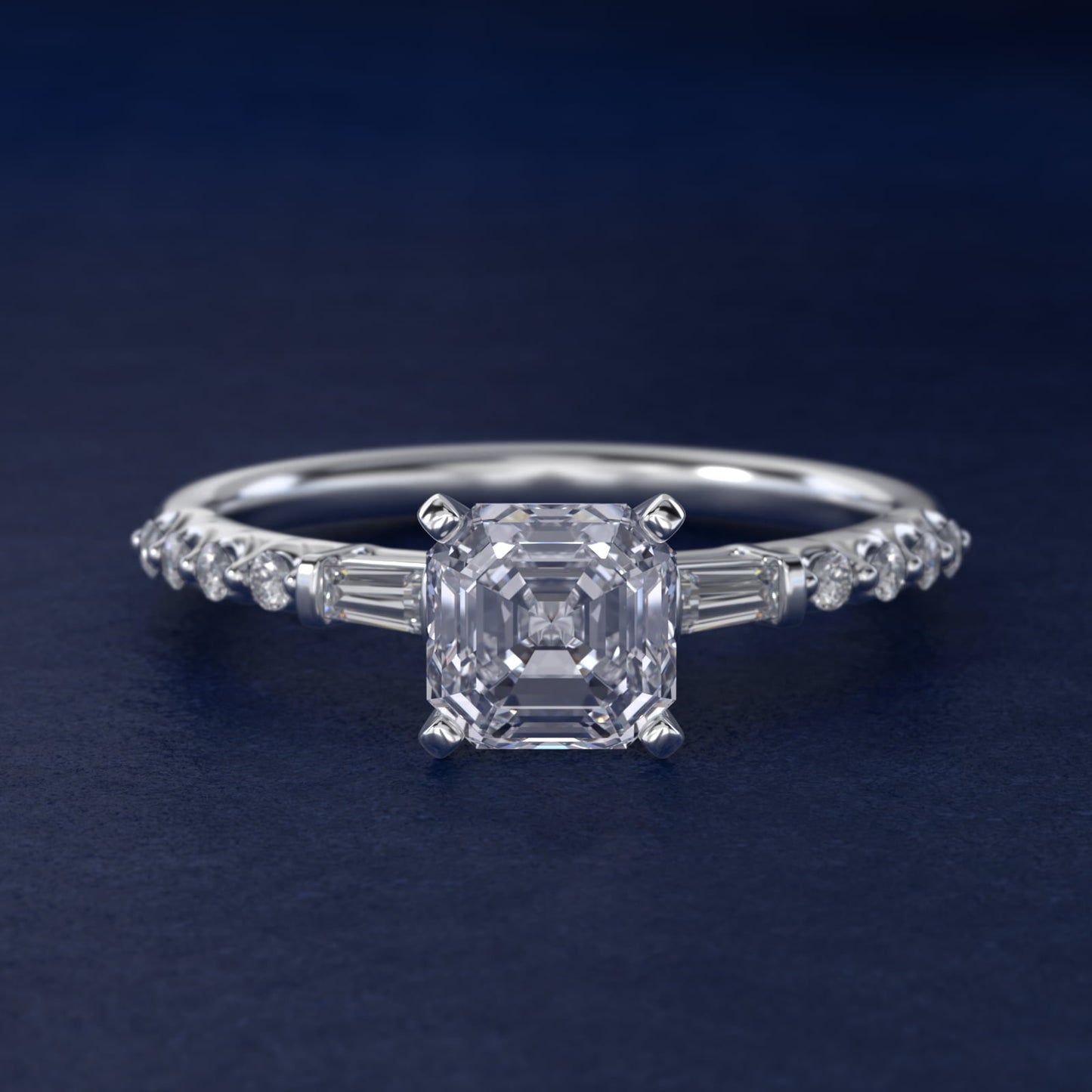 Petite Baguette and Floating Round Diamond Engagement Ring in 18k White Gold (1/5 ct. tw.) - Asscher Center