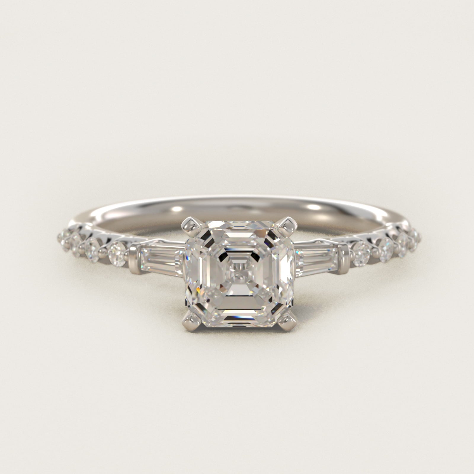 Petite Baguette and Floating Round Diamond Engagement Ring in 18k White Gold (1/5 ct. tw.) - Asscher Center