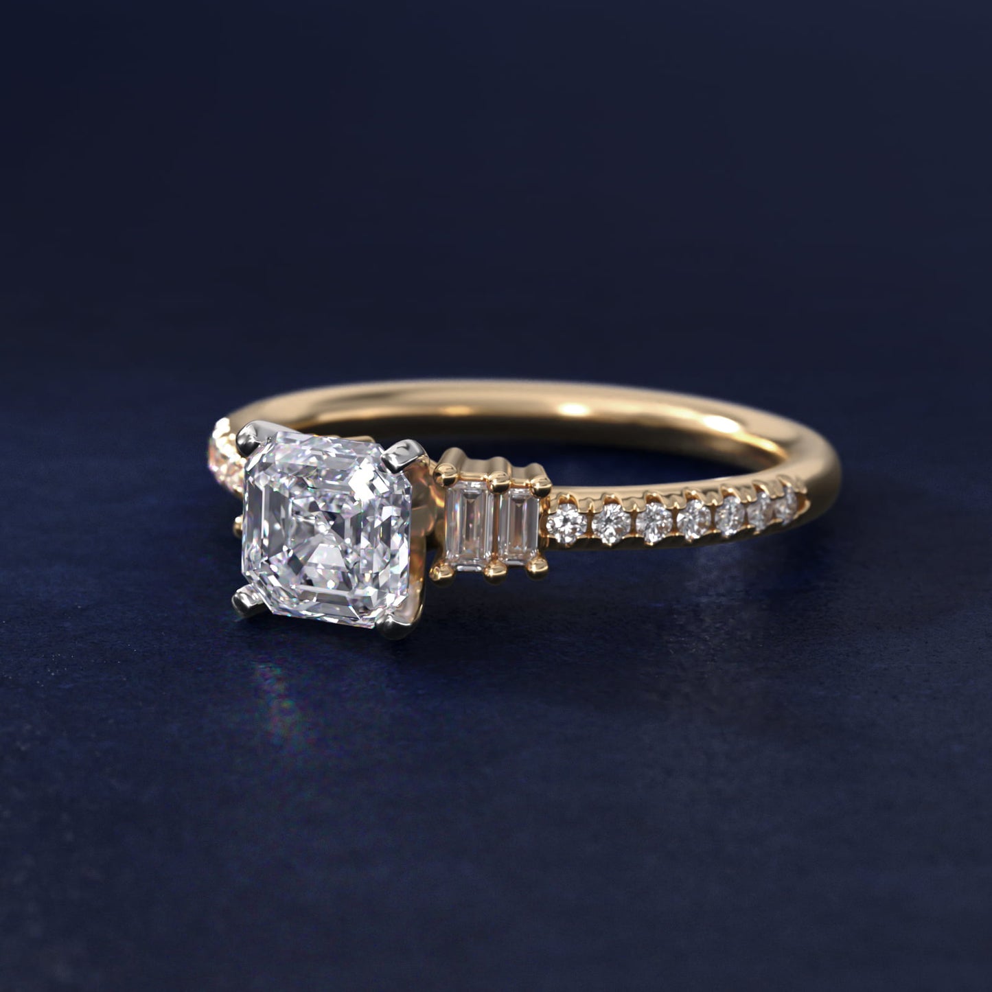 Petite Baguette and PavŽ Diamond Engagement Ring in 14k Yellow Gold - Asscher Center
