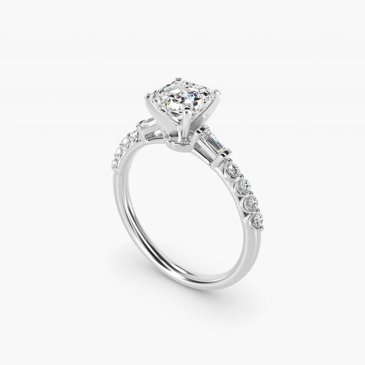 Petite Baguette and Floating Round Diamond Engagement Ring in Platinum (1/5 ct. tw.) - Asscher Center