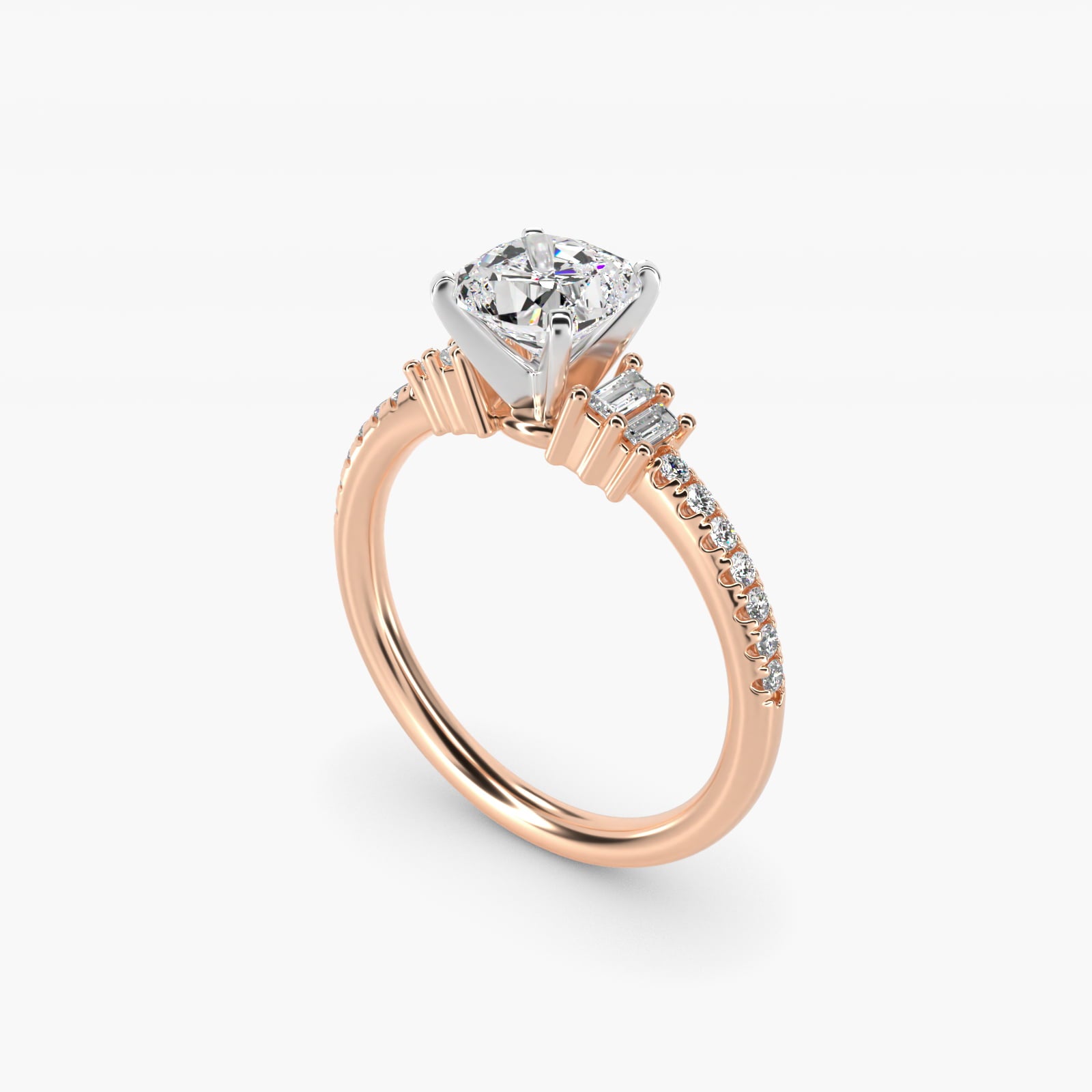 Petite Baguette and PavŽ Diamond Engagement Ring in 14k Rose Gold - Cushion Center