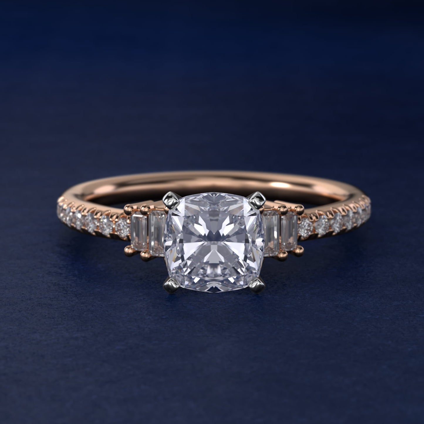 Petite Baguette and PavŽ Diamond Engagement Ring in 14k Rose Gold - Cushion Center