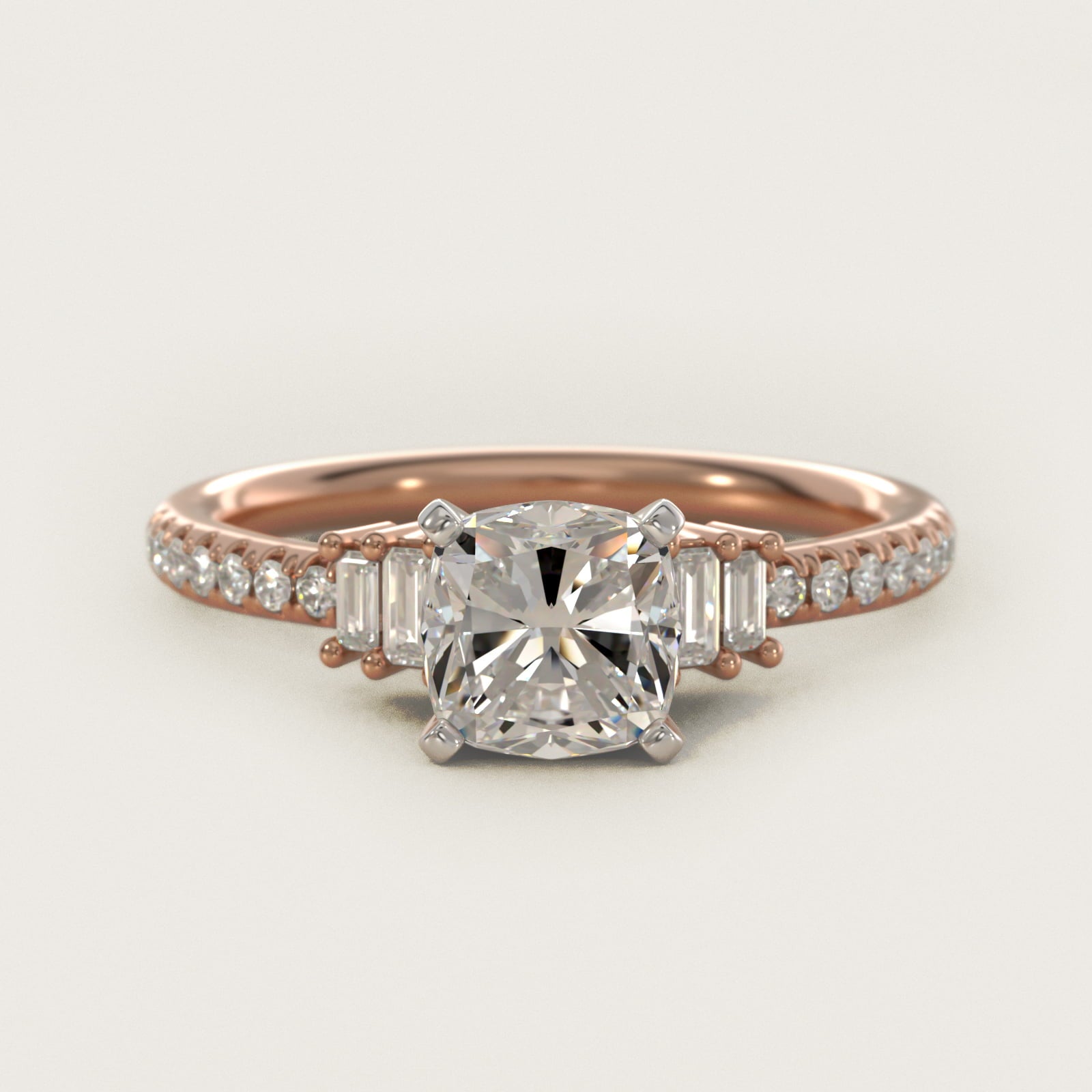 Petite Baguette and PavŽ Diamond Engagement Ring in 14k Rose Gold - Cushion Center