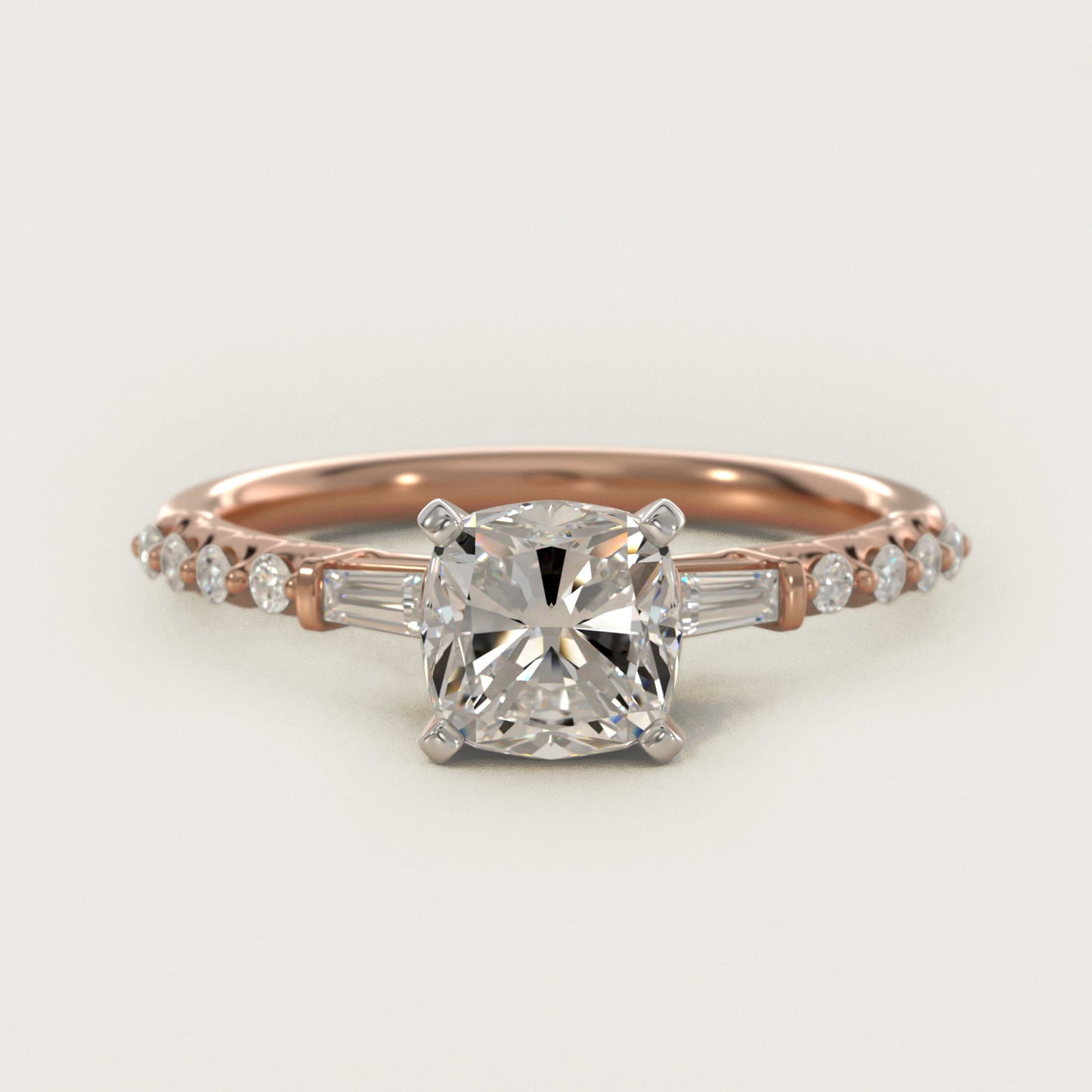 Petite Baguette and Floating Round Diamond Engagement Ring in 18k Rose Gold (1/5 ct. tw.) - Cushion Center