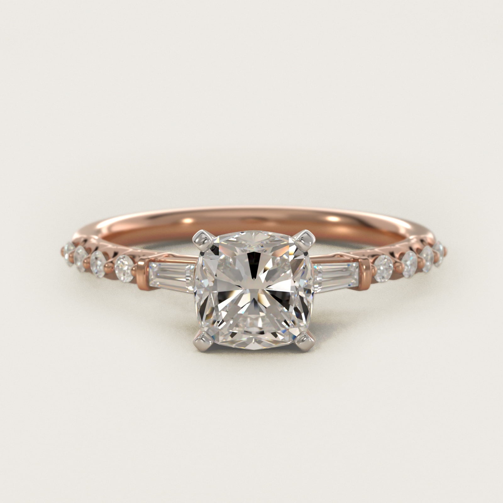 Petite Baguette and Floating Round Diamond Engagement Ring in 18k Rose Gold (1/5 ct. tw.) - Cushion Center