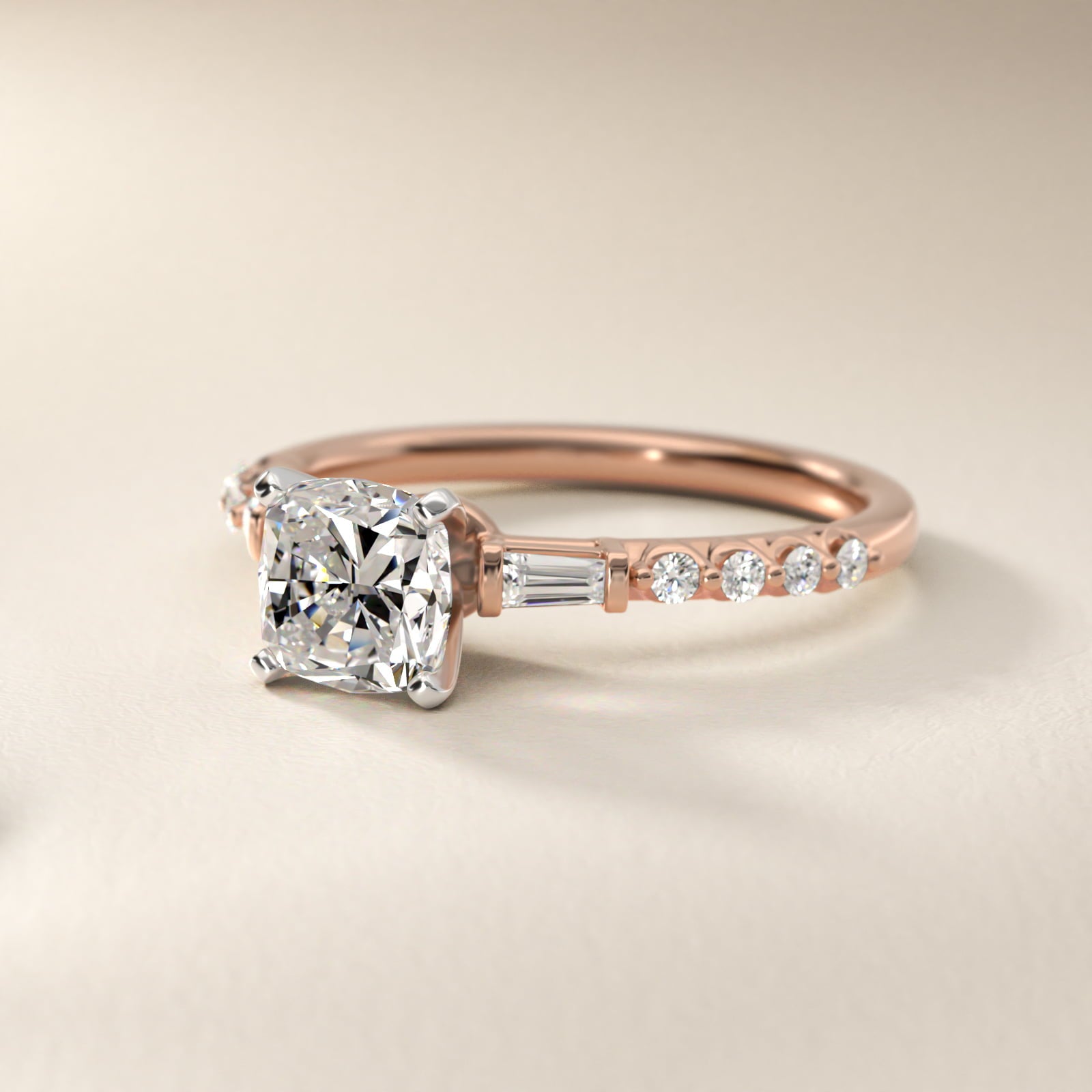 Petite Baguette and Floating Round Diamond Engagement Ring in 14k Rose Gold (1/5 ct. tw.) - Cushion Center