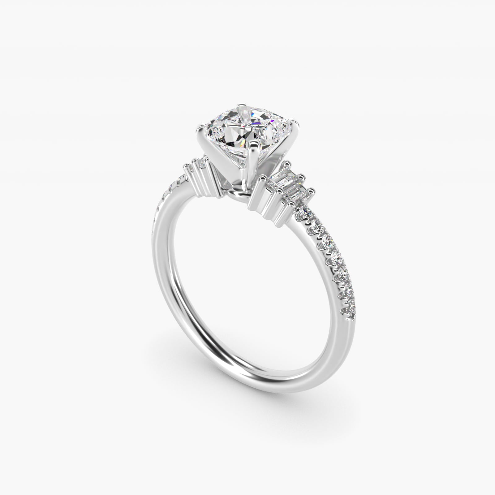 Petite Baguette and PavŽ Diamond Engagement Ring in 14k White Gold - Cushion Center