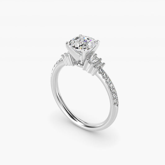 Petite Baguette and PavŽ Diamond Engagement Ring in 14k White Gold - Cushion Center