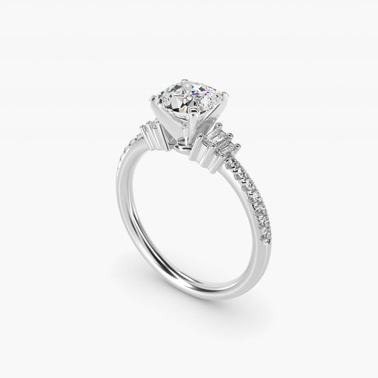 Petite Baguette and Pav? Diamond Engagement Ring in 18k White Gold - Cushion Center