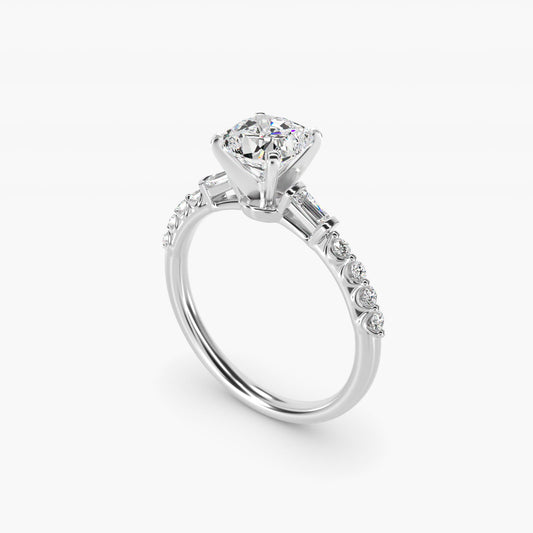 Petite Baguette and Floating Round Diamond Engagement Ring in 14k White Gold (1/5 ct. tw.) - Cushion Center