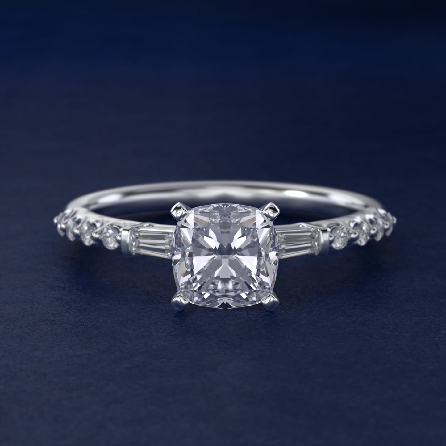 Petite Baguette and Floating Round Diamond Engagement Ring in 18k White Gold (1/5 ct. tw.) - Cushion Center