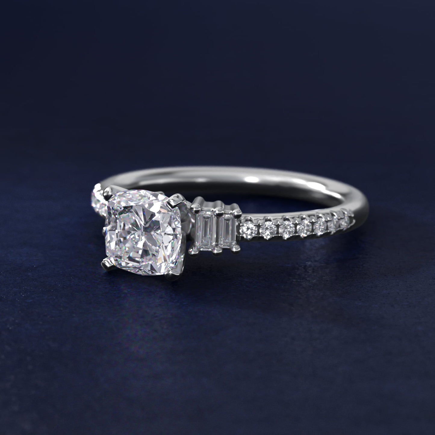 Petite Baguette and PavŽ Diamond Engagement Ring in 14k White Gold - Cushion Center