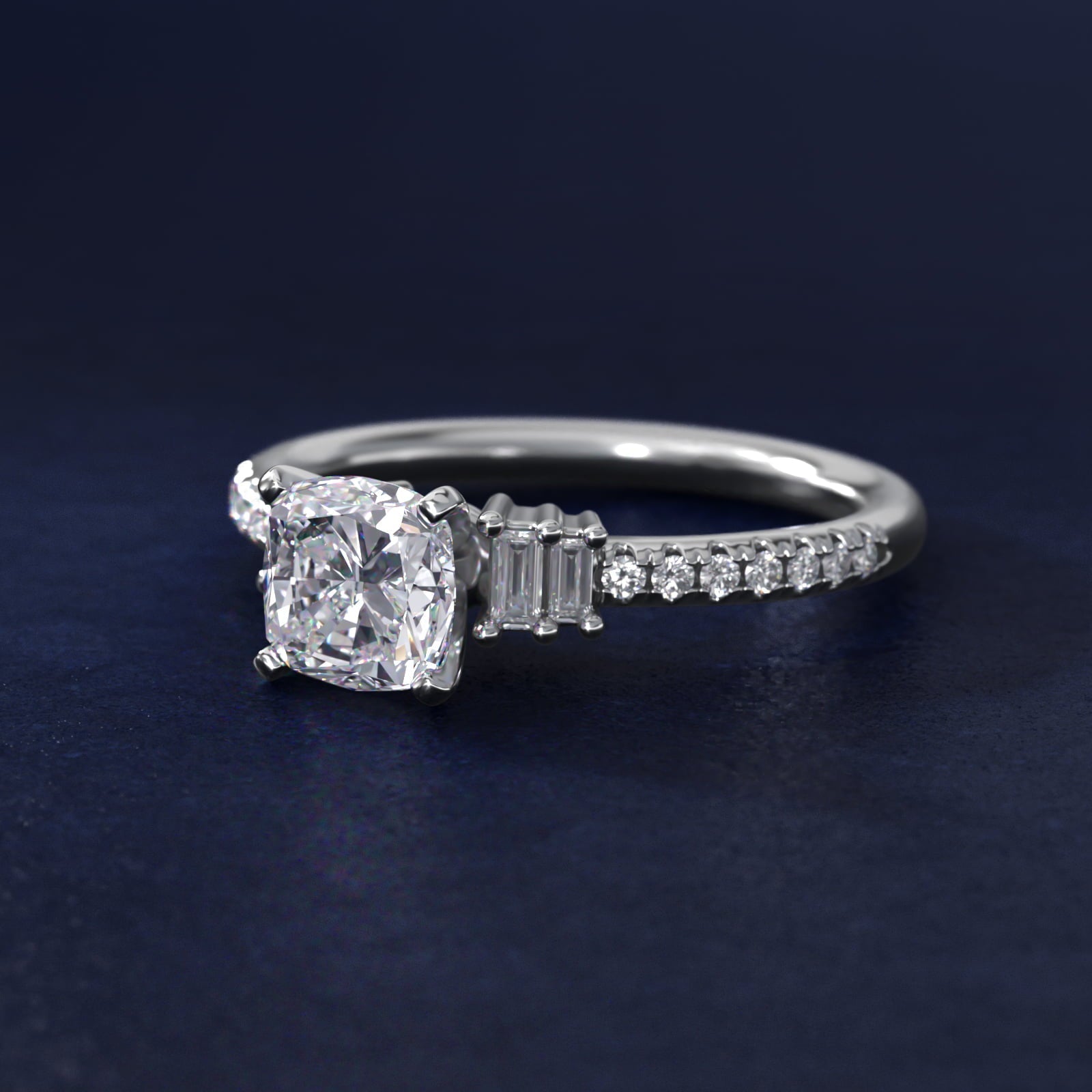 Petite Baguette and Pav? Diamond Engagement Ring in 18k White Gold - Cushion Center