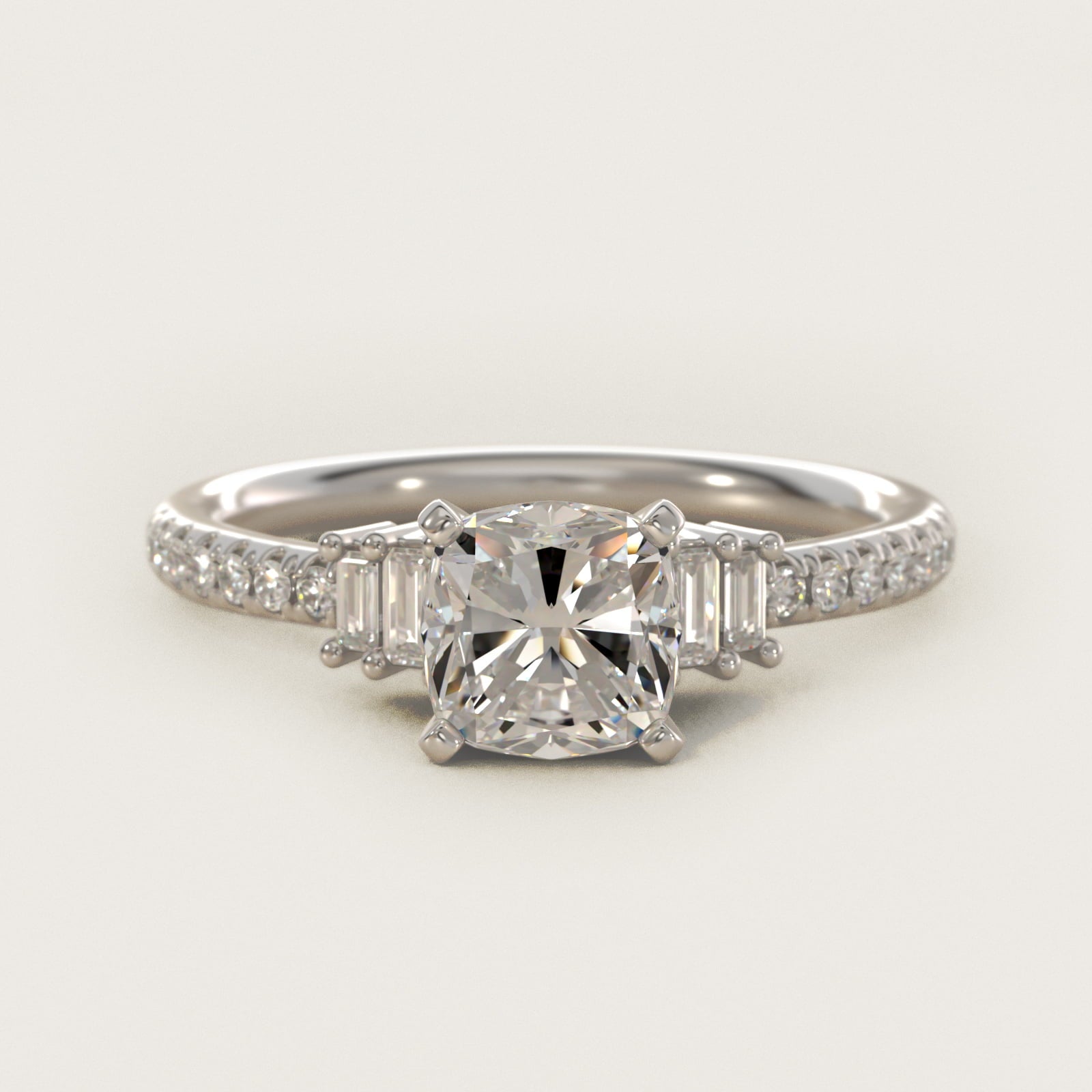 Petite Baguette and PavŽ Diamond Engagement Ring in 14k White Gold - Cushion Center