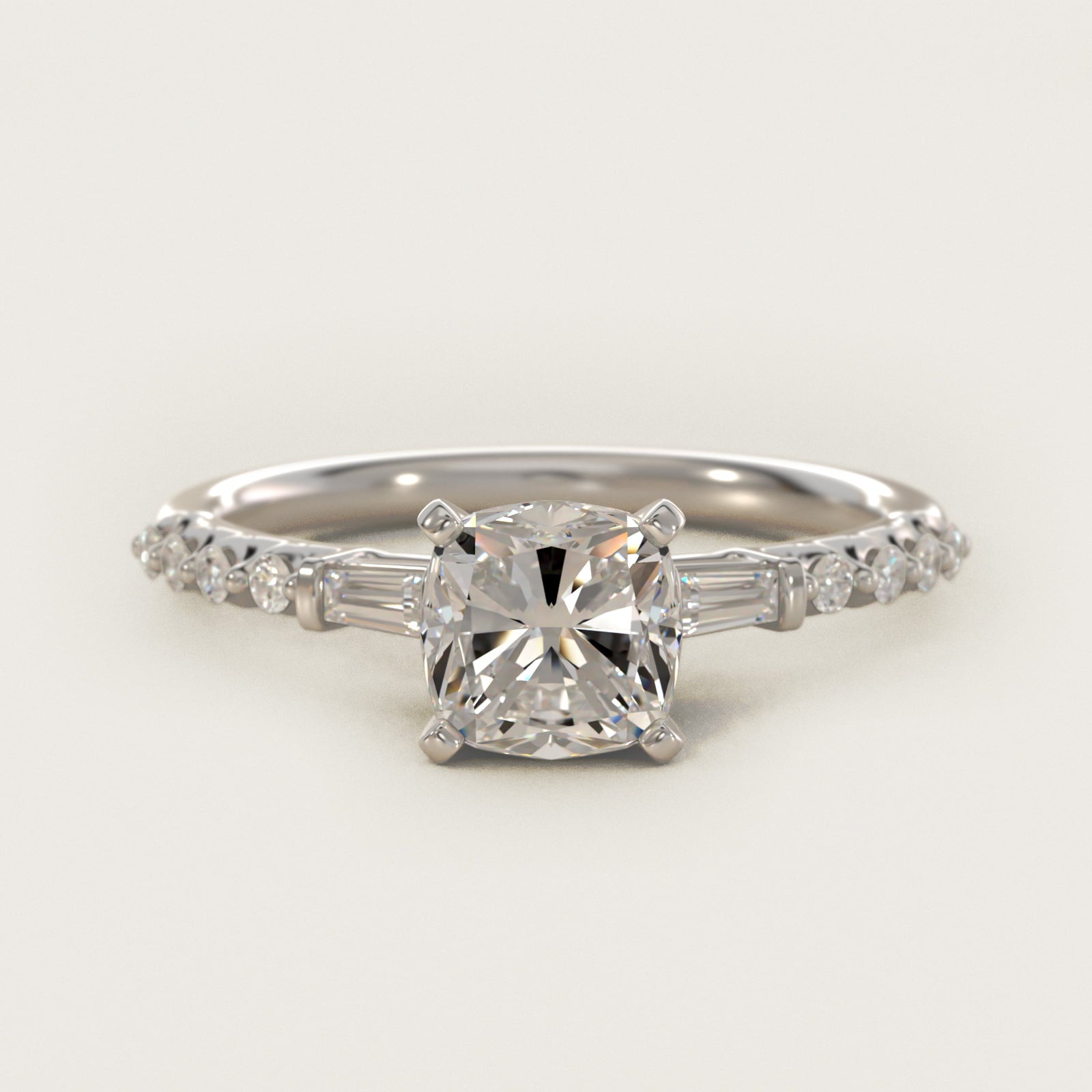 Petite Baguette and Floating Round Diamond Engagement Ring in 14k White Gold (1/5 ct. tw.) - Cushion Center