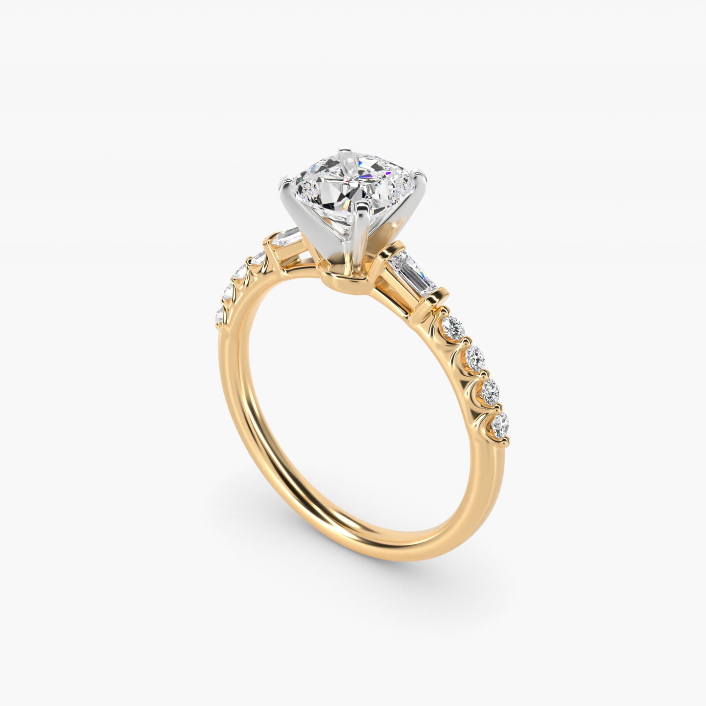 Petite Baguette and Floating Round Diamond Engagement Ring in 14k Yellow Gold (1/5 ct. tw.) - Cushion Center