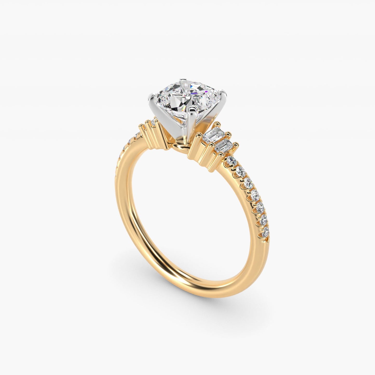 Petite Baguette and Pav? Diamond Engagement Ring in 18k Yellow Gold - Cushion Center