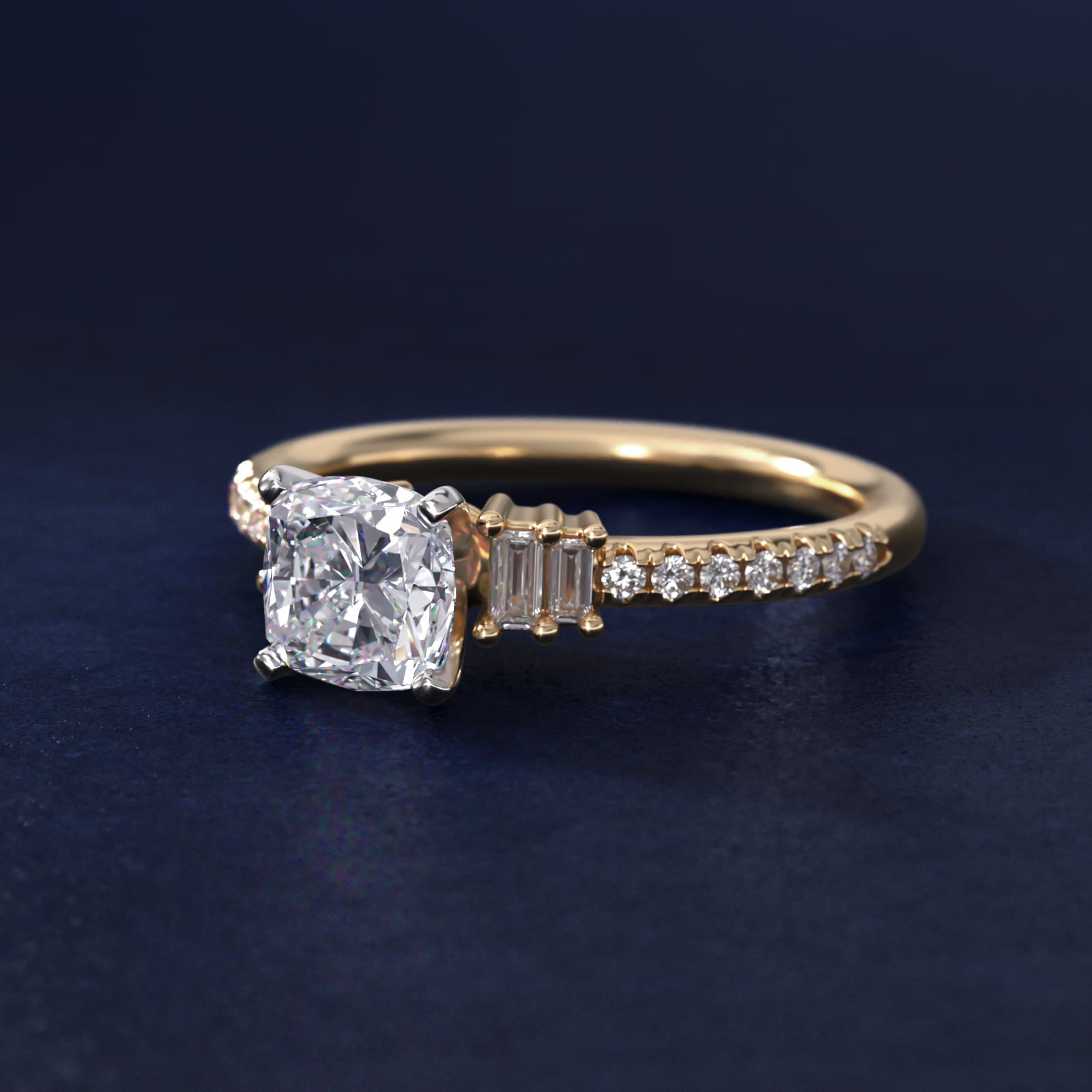 Petite Baguette and PavŽ Diamond Engagement Ring in 14k Yellow Gold - Cushion Center