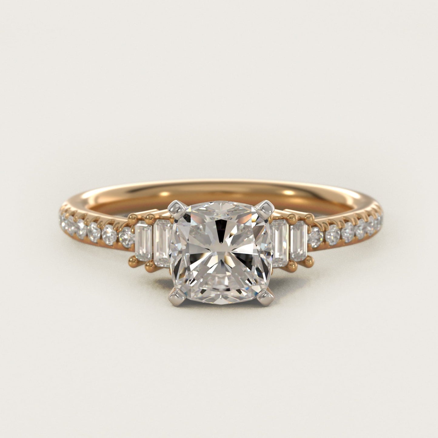 Petite Baguette and Pav? Diamond Engagement Ring in 18k Yellow Gold - Cushion Center
