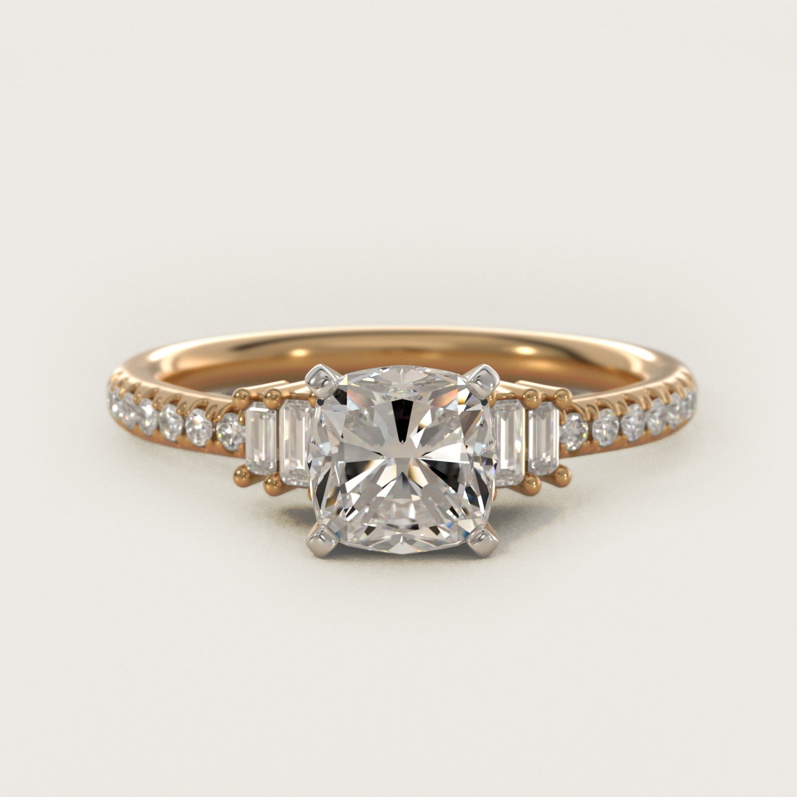 Petite Baguette and Pav? Diamond Engagement Ring in 18k Yellow Gold - Cushion Center