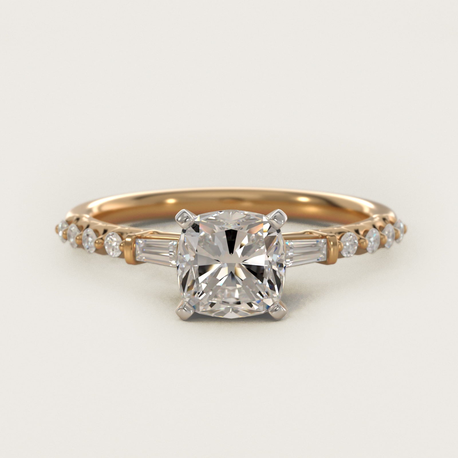 Petite Baguette and Floating Round Diamond Engagement Ring in 18k Yellow Gold (1/5 ct. tw.) - Cushion Center