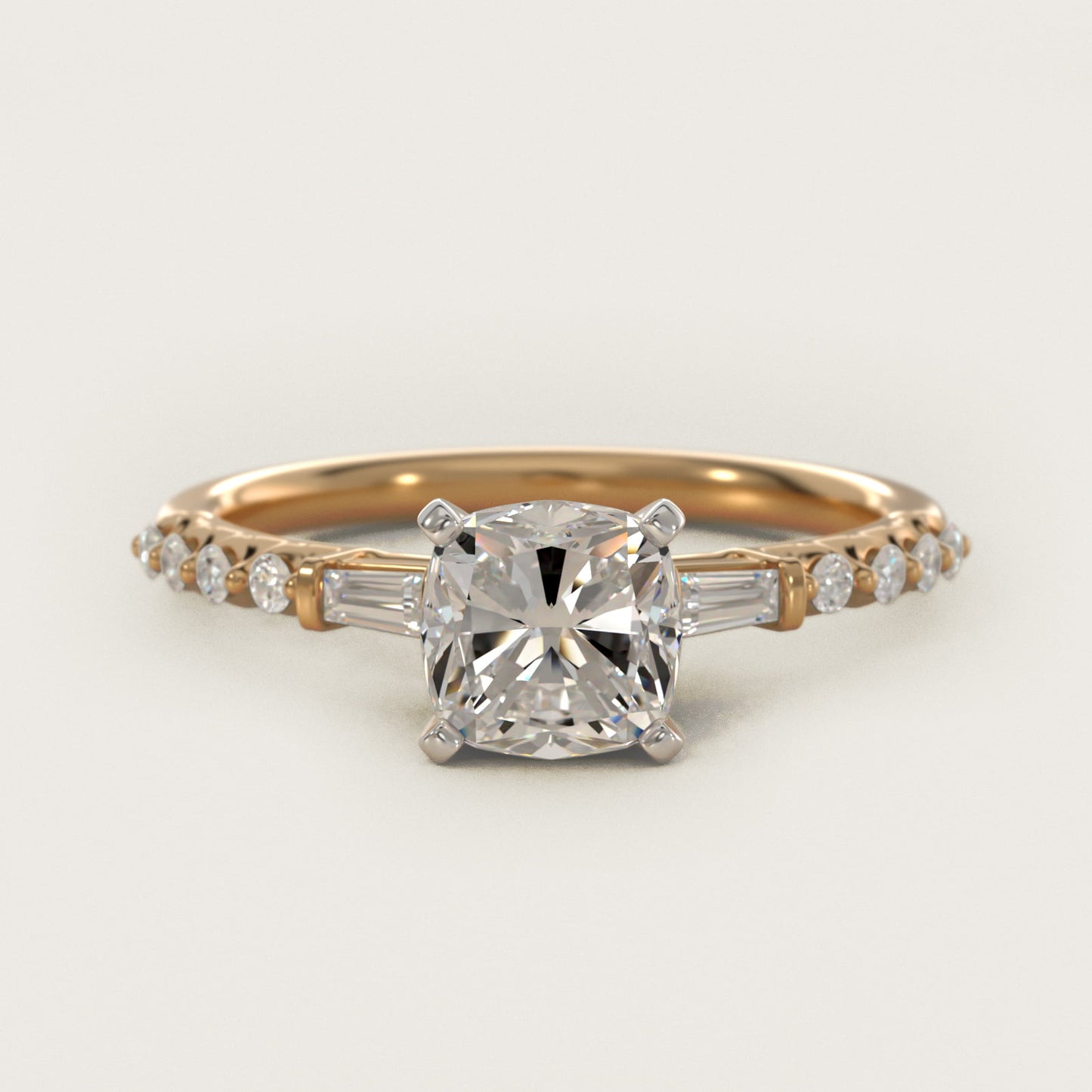 Petite Baguette and Floating Round Diamond Engagement Ring in 14k Yellow Gold (1/5 ct. tw.) - Cushion Center