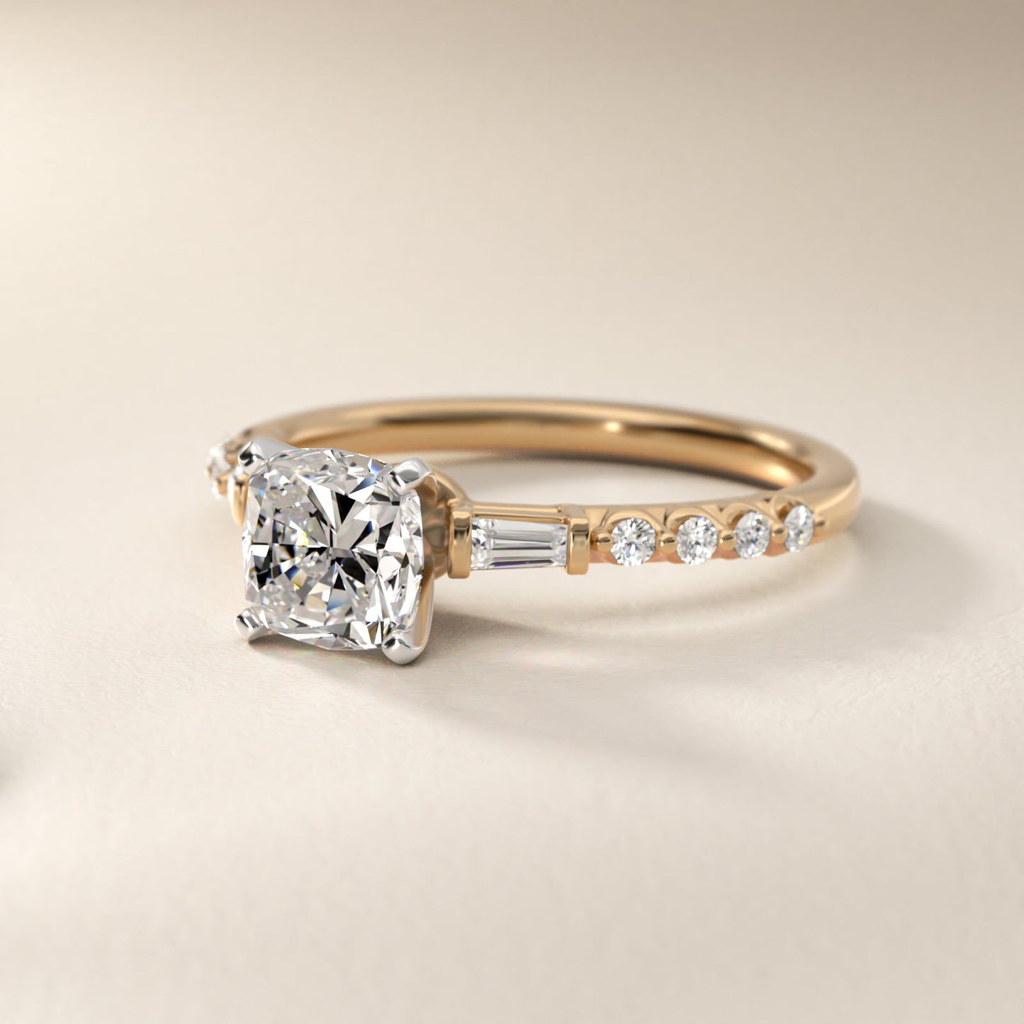 Petite Baguette and Floating Round Diamond Engagement Ring in 14k Yellow Gold (1/5 ct. tw.) - Cushion Center