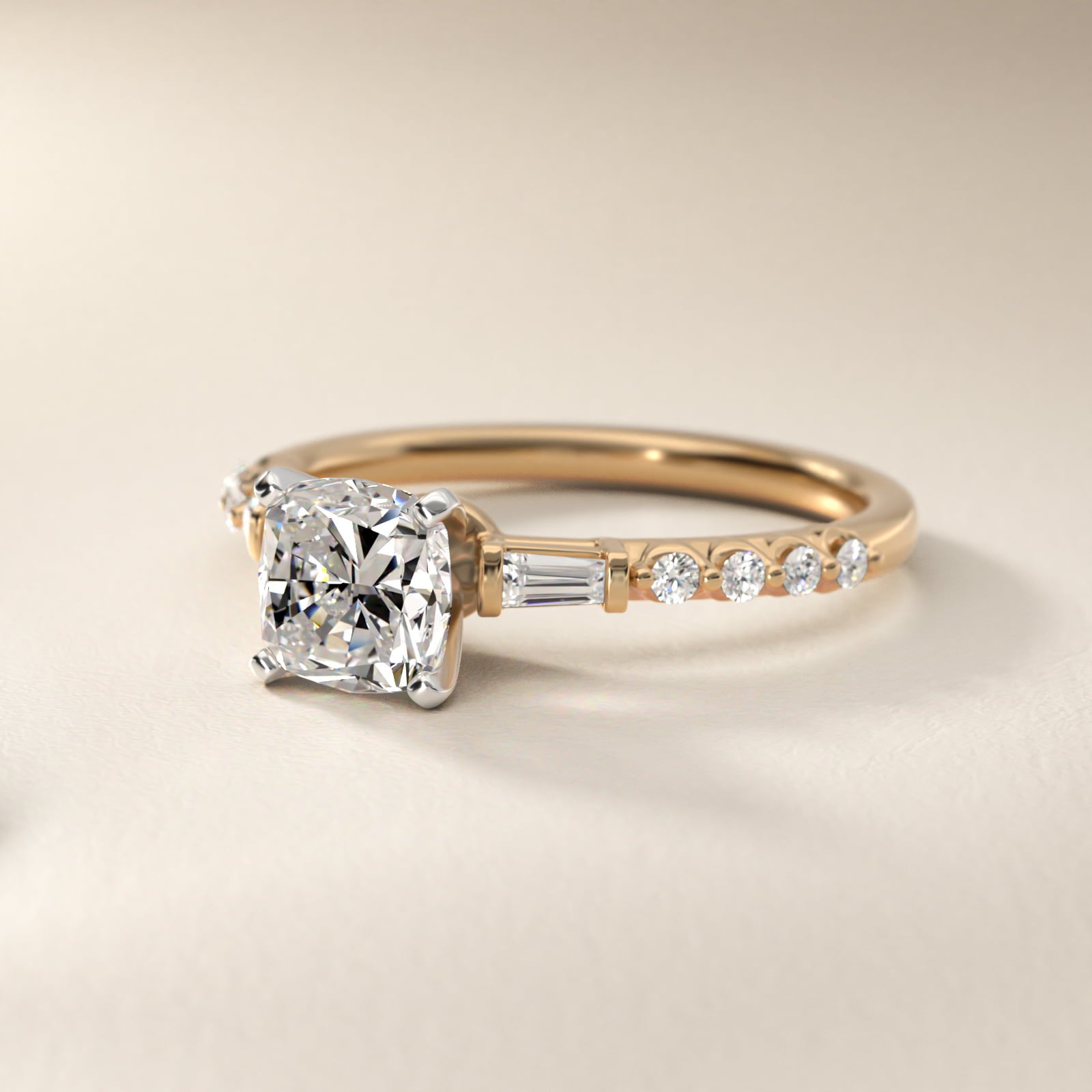 Petite Baguette and Floating Round Diamond Engagement Ring in 14k Yellow Gold (1/5 ct. tw.) - Cushion Center