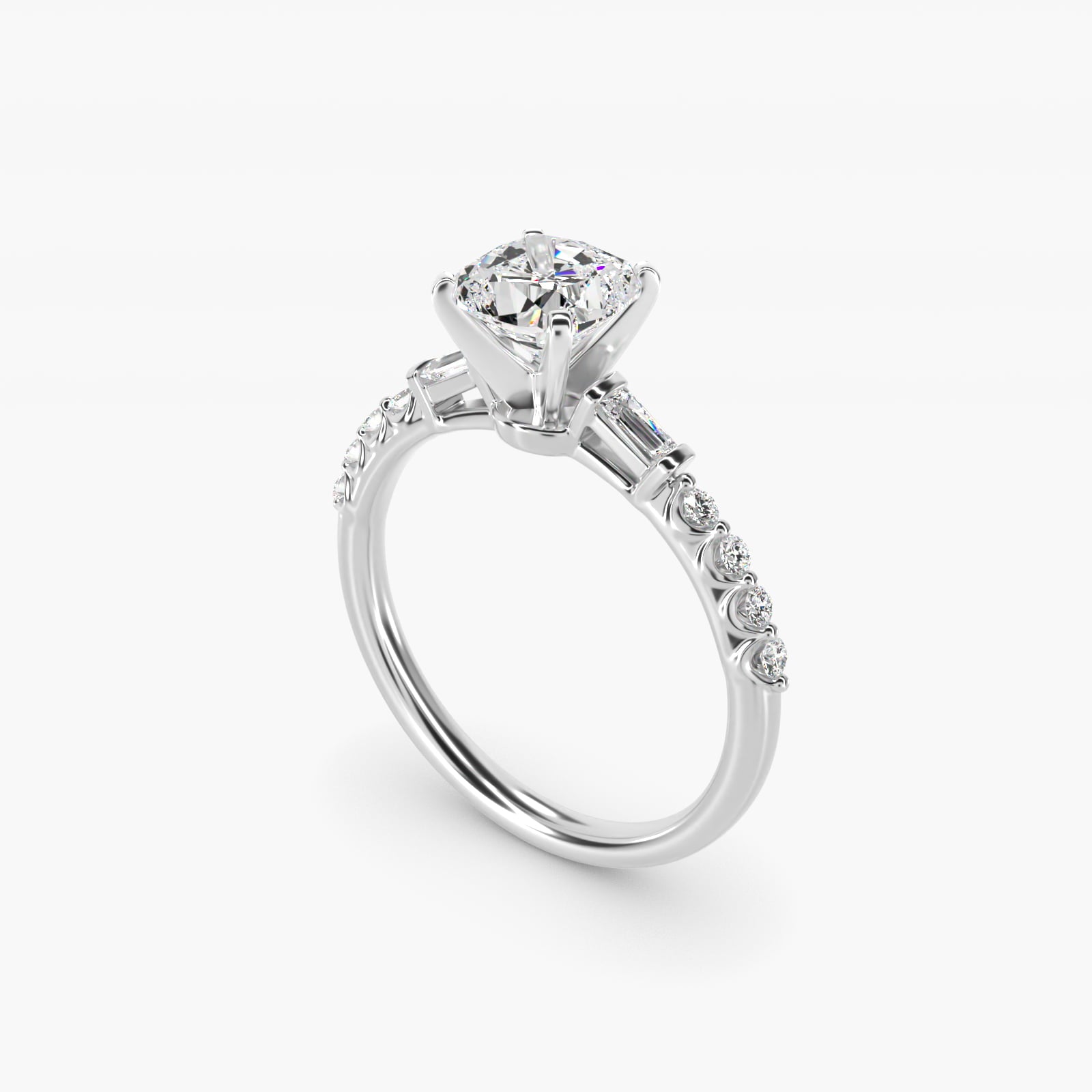 Petite Baguette and Floating Round Diamond Engagement Ring in Platinum (1/5 ct. tw.) - Cushion Center
