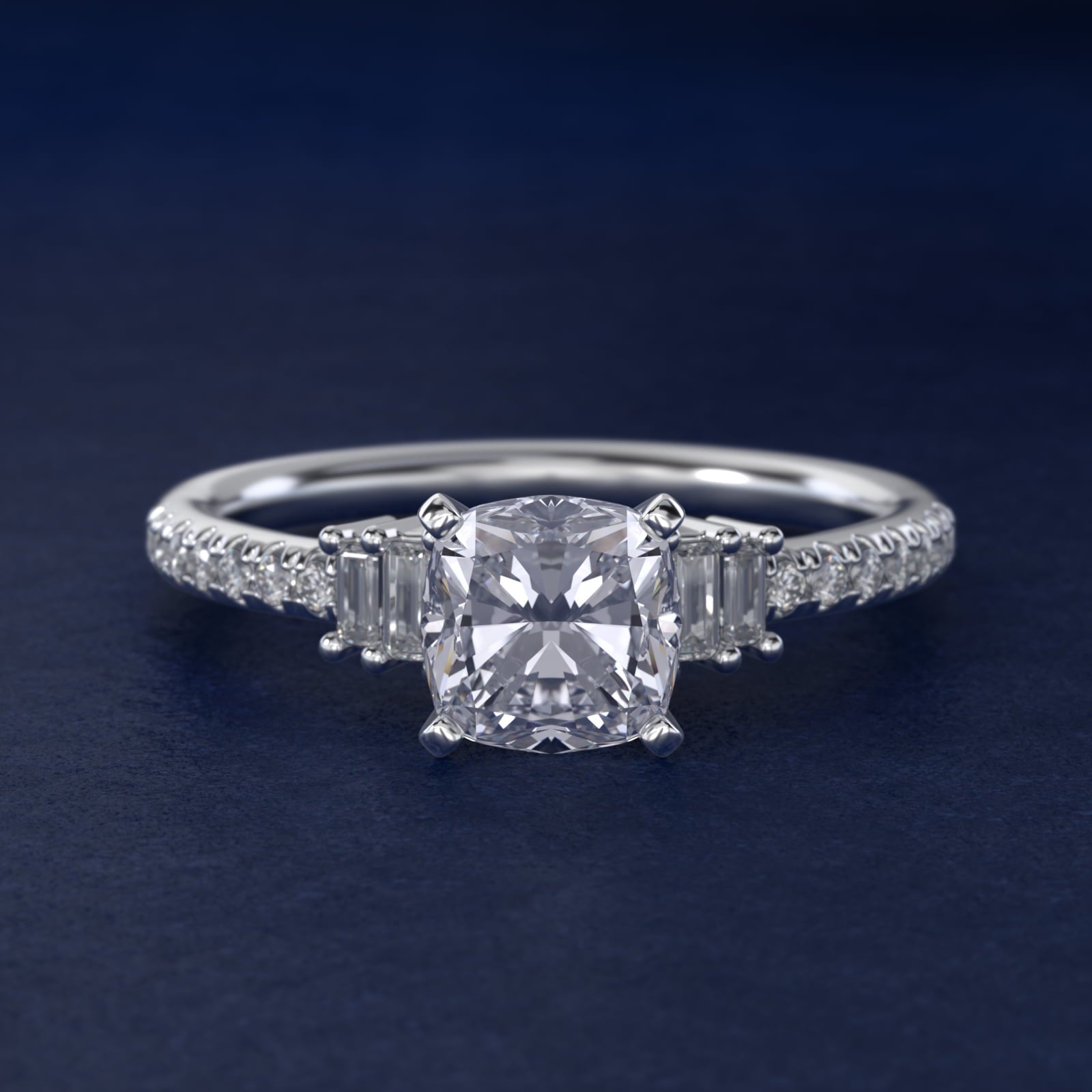 Petite Baguette and Pav? Diamond Engagement Ring in Platinum - Cushion Center