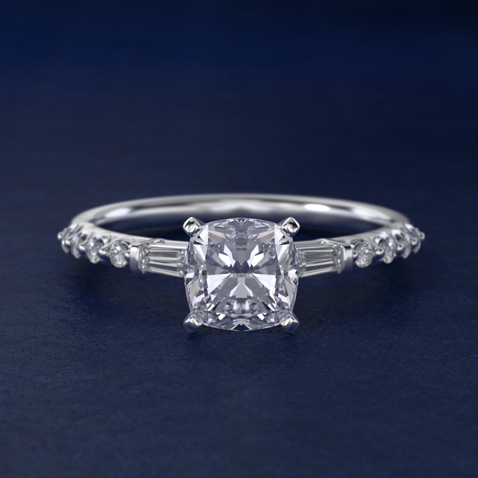 Petite Baguette and Floating Round Diamond Engagement Ring in Platinum (1/5 ct. tw.) - Cushion Center