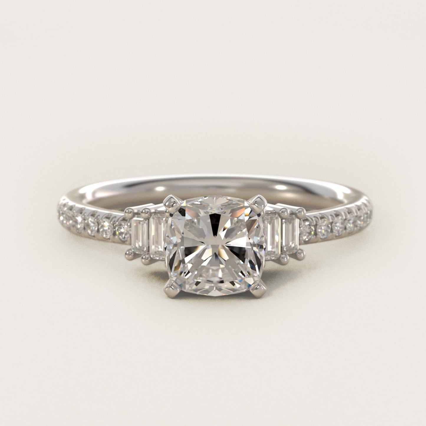 Petite Baguette and Pav? Diamond Engagement Ring in Platinum - Cushion Center