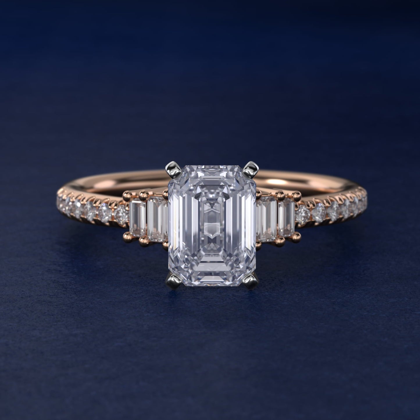 Petite Baguette and Pav? Diamond Engagement Ring in 18k Rose Gold - Emerald Center