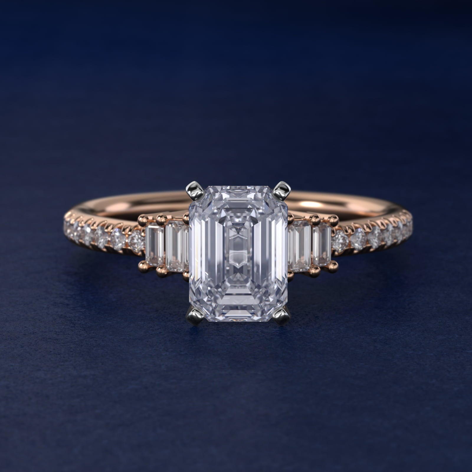 Petite Baguette and Pav? Diamond Engagement Ring in 18k Rose Gold - Emerald Center