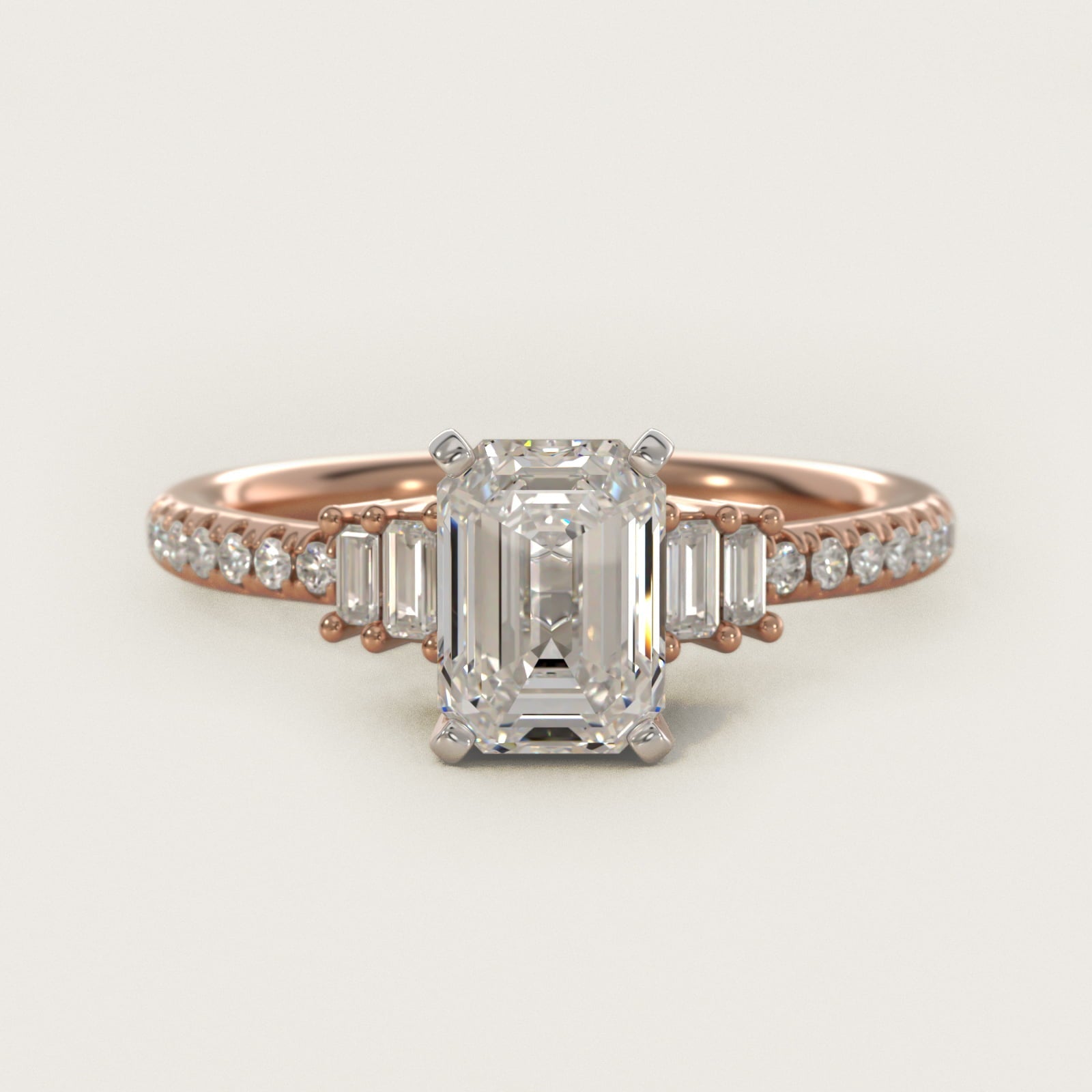 Petite Baguette and Pav? Diamond Engagement Ring in 18k Rose Gold - Emerald Center