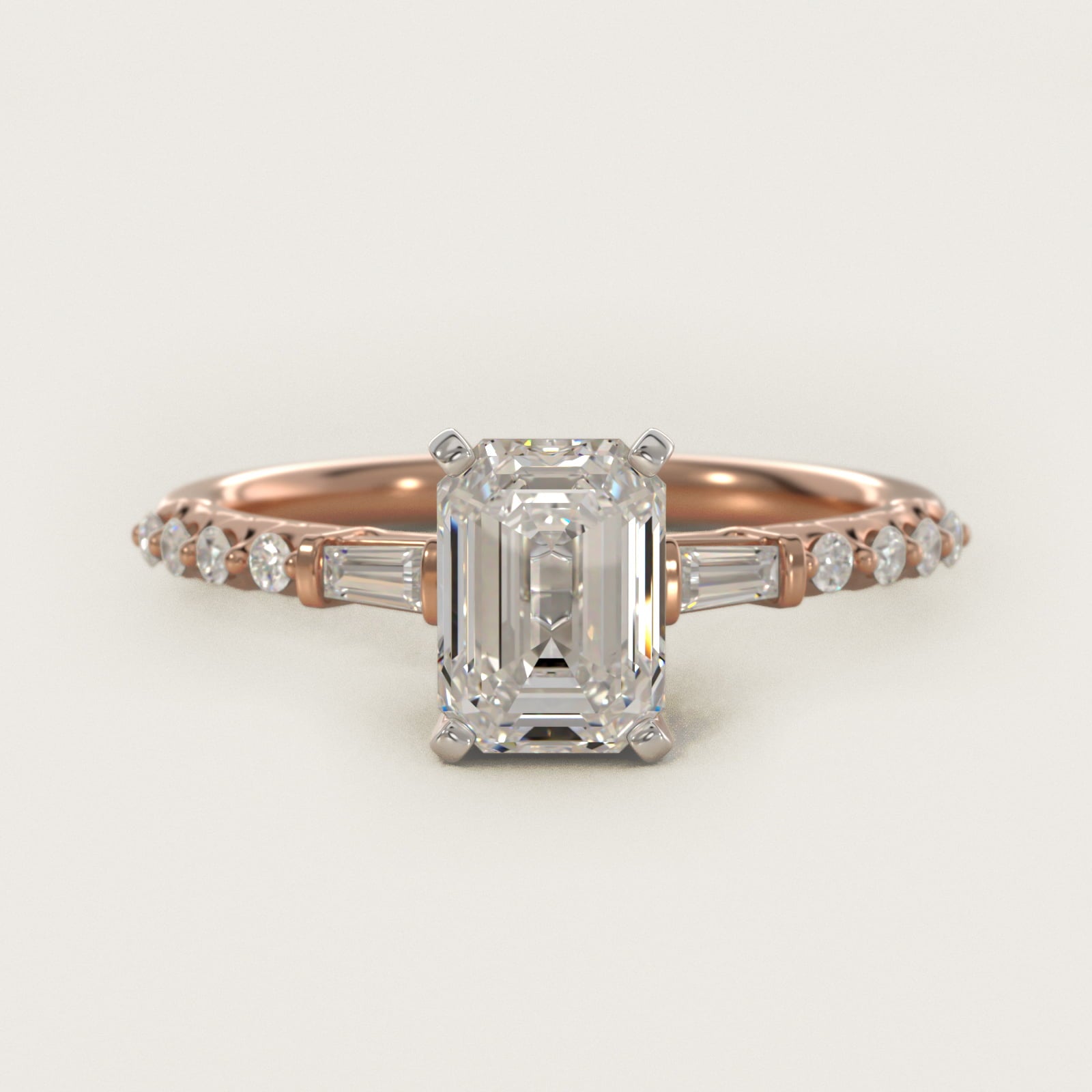 Petite Baguette and Floating Round Diamond Engagement Ring in 18k Rose Gold (1/5 ct. tw.) - Emerald Center