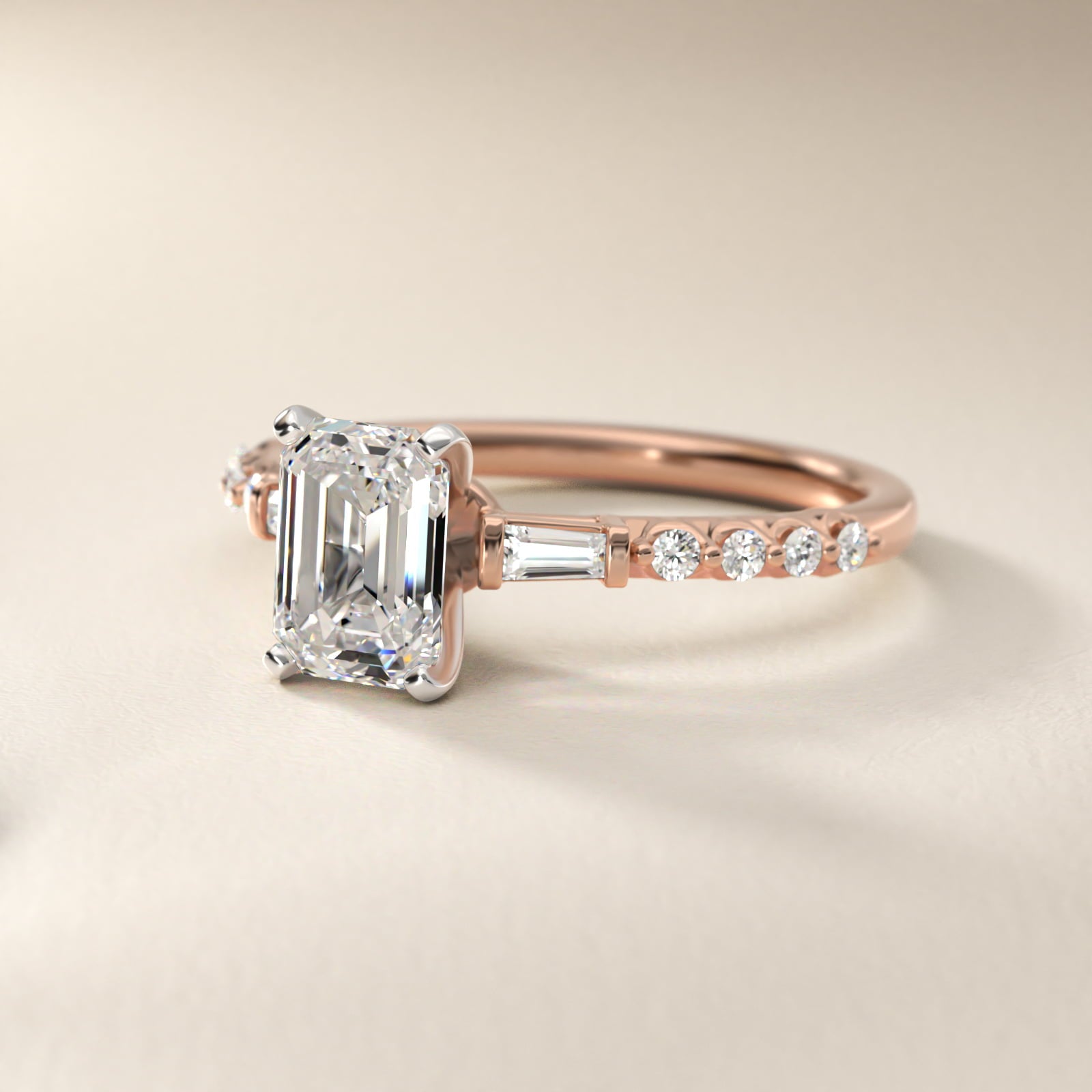Petite Baguette and Floating Round Diamond Engagement Ring in 18k Rose Gold (1/5 ct. tw.) - Emerald Center